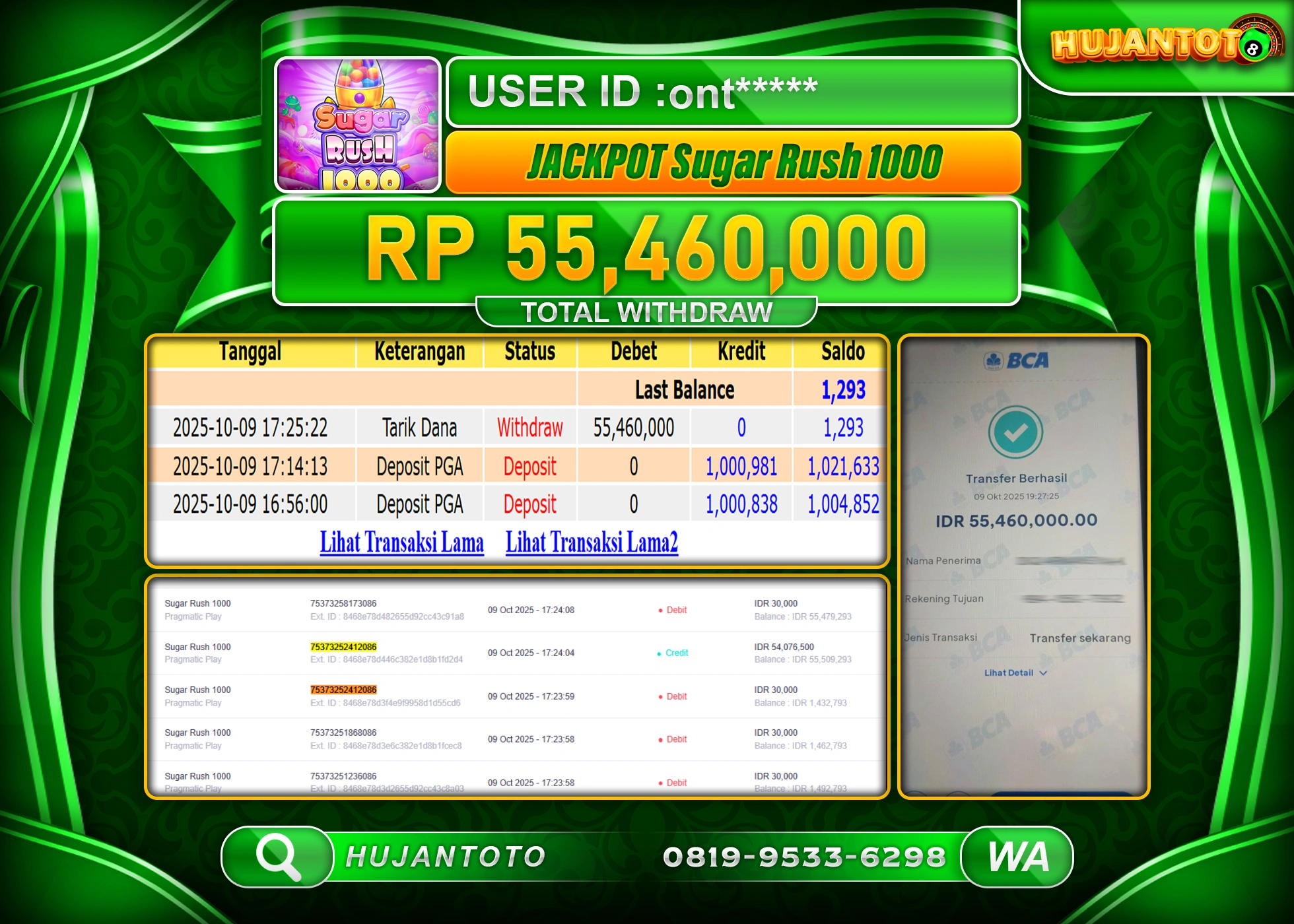 HUJANTOTO - BUKTI JACKPOT MENANG SLOT SUGAR RUSH 1000 Rp.55,460,000 - TERBAYAR LUNAS