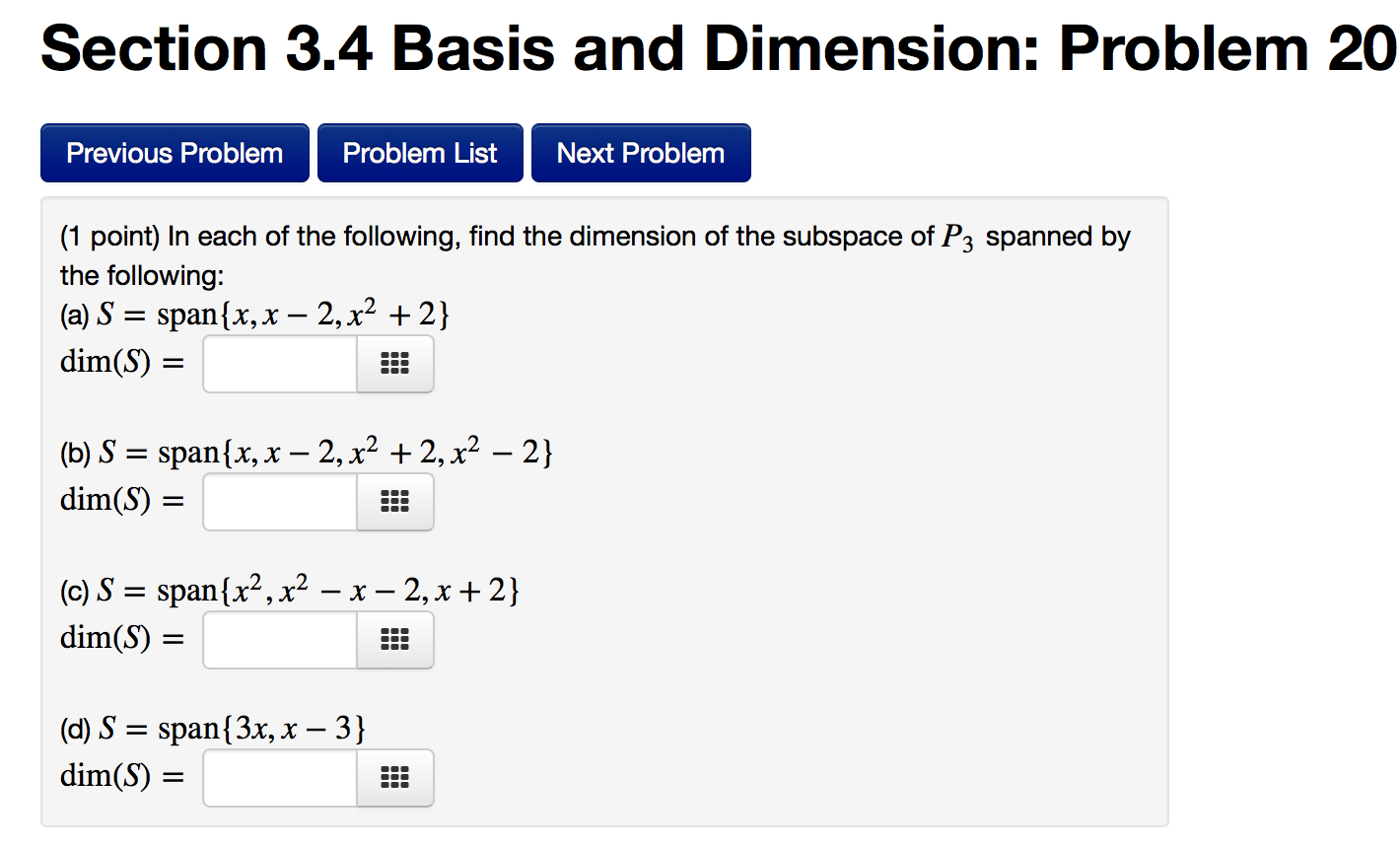 Solved Section 3.4 Basis And Dimension: Problem 20 Previous | Chegg.com