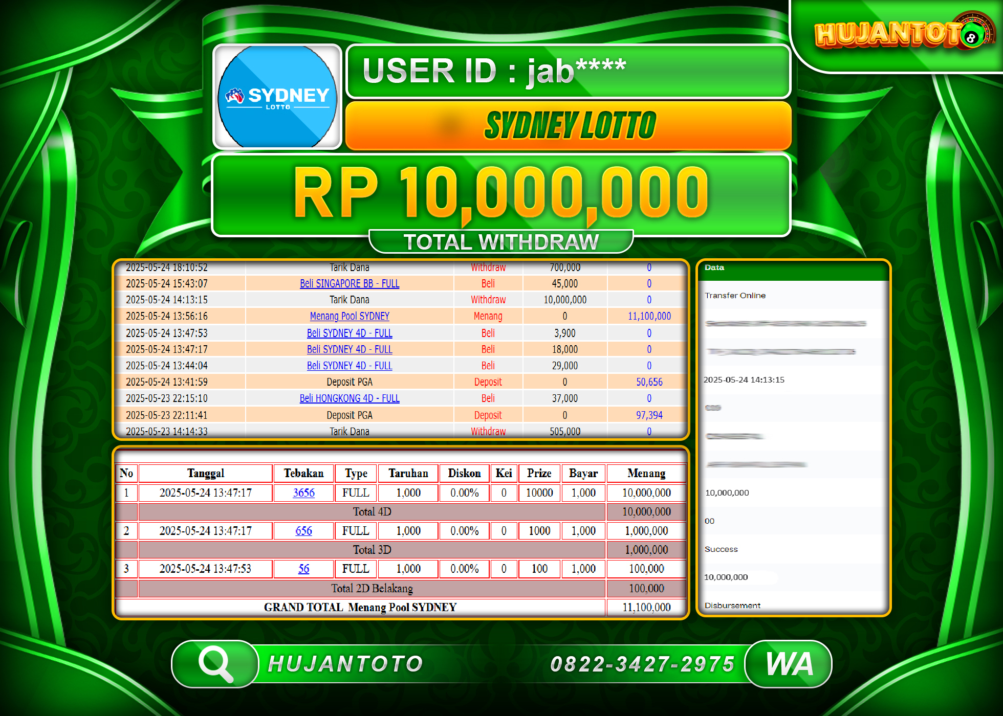 HUJANTOTO - BUKTI JACKPOT MENANG BESAR TOGEL SYDNEY LOTTO - Rp,10,000,000 - TERBAYAR LUNAS