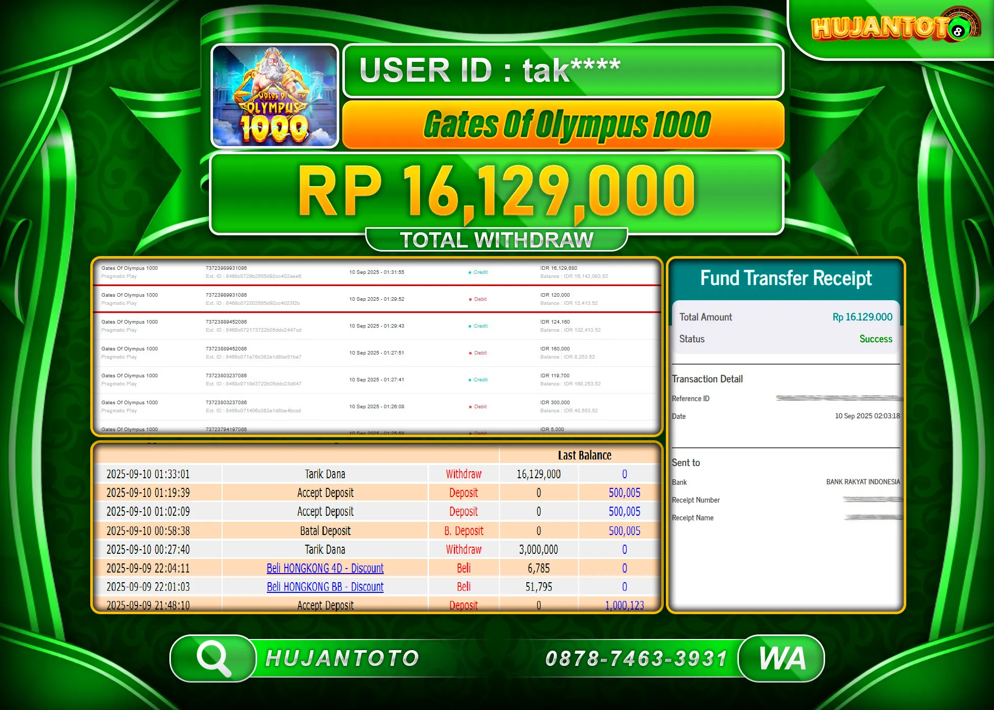 HUJANTOTO - BUKTI JACKPOT MENANG SLOT GATES OF OLYMPUS 1000 Rp.16,129,000 - TERBAYAR LUNAS