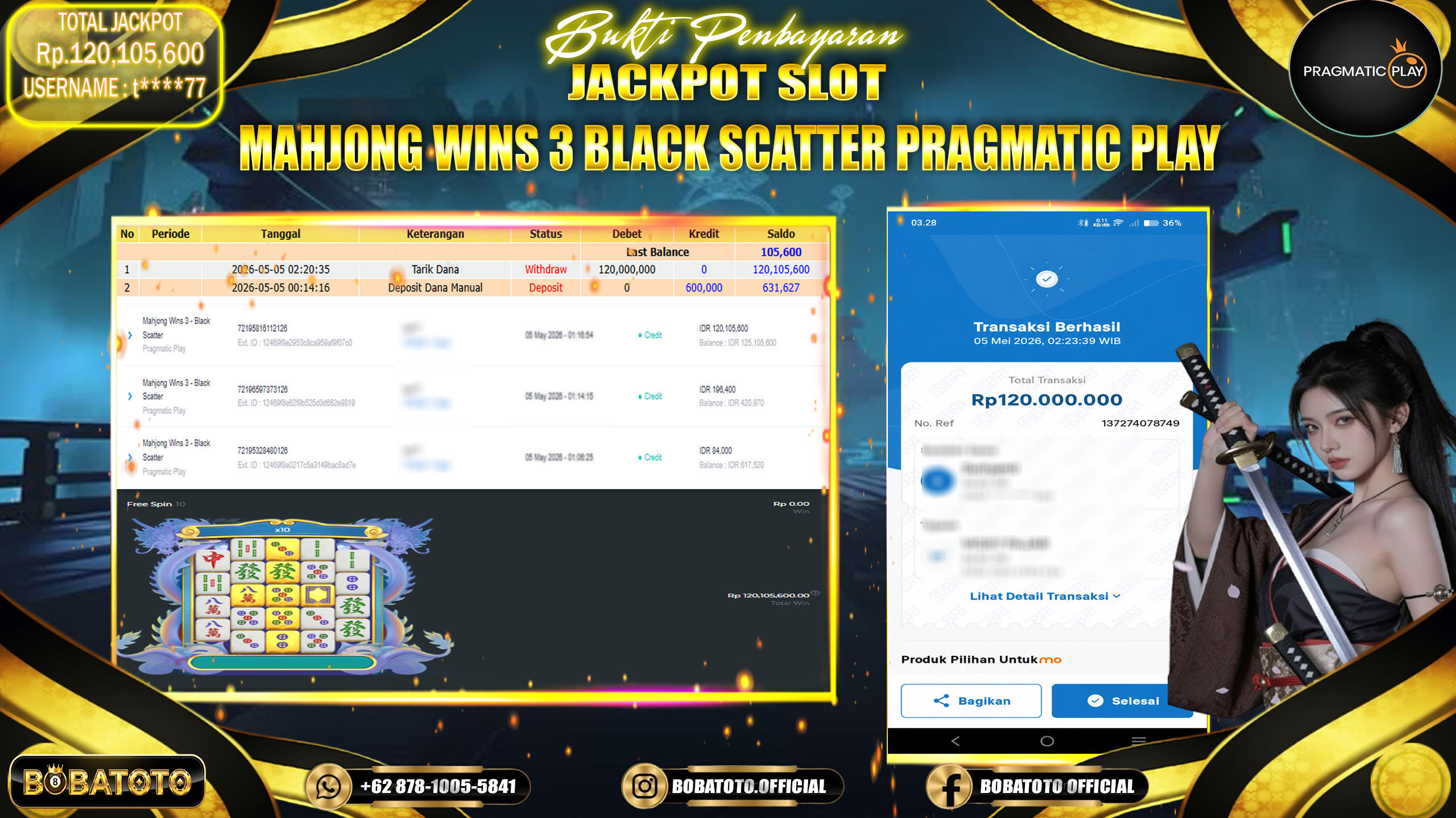 BOBATOTO JACKPOT SLOT PRAGMATIC MAHJONG WINS 3 BLACK SCATER Rp.120,000,000,- LUNAS!!!