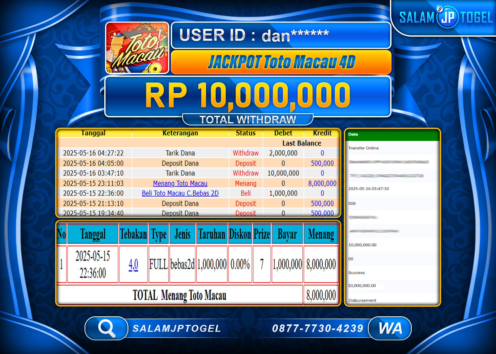 SALAMJPTOGEL MENANG TOTO MACAU 4D Rp.10,000,000 LUNAS