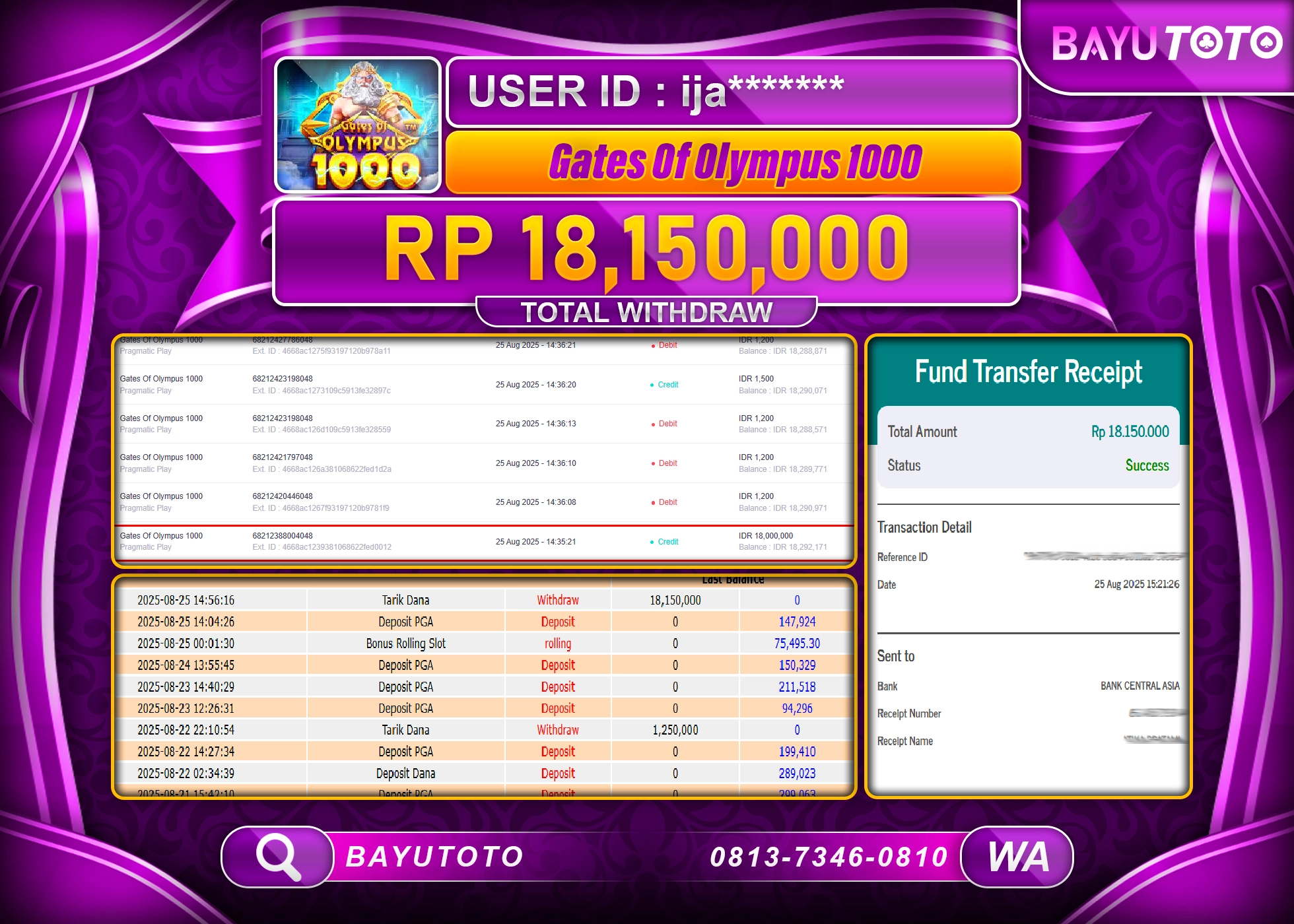 BAYUTOTO JACKPOT SLOT PRAGMATIC GATE OF OLYMPUS 1000 Rp.18,150,000 LUNAS