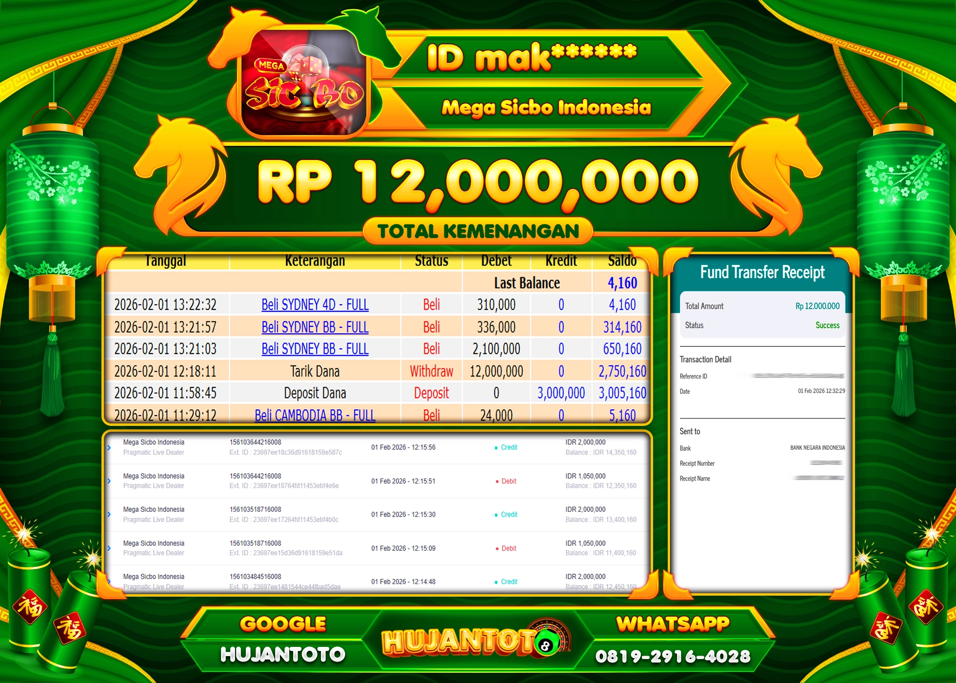 HUJANTOTO - BUKTI JACKPOT MENANG LIVEGAMES MEGA SICBO INDONESIA Rp.12,000,000 - TERBAYAR LUNAS