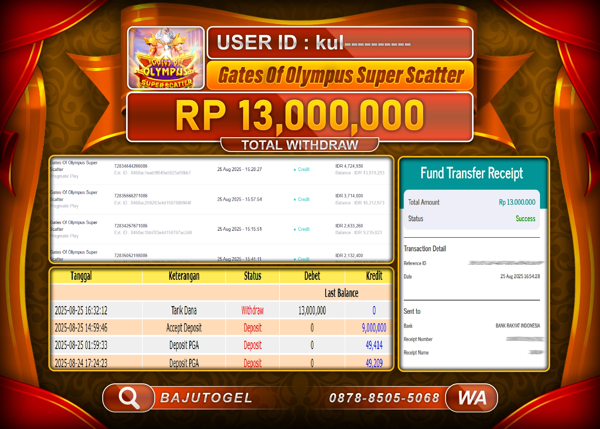 BAJUTOGEL KEMENANGAN SLOT GATES OF OLYMPUS Rp.13.000.000 LUNAS