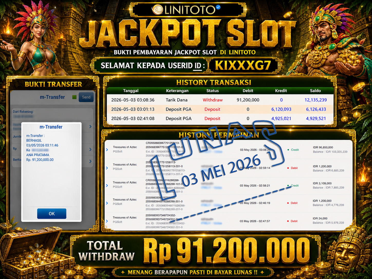 LINITOTO JACKPOT SLOT Treasures of Aztec Rp.91,200,000 - LUNAS