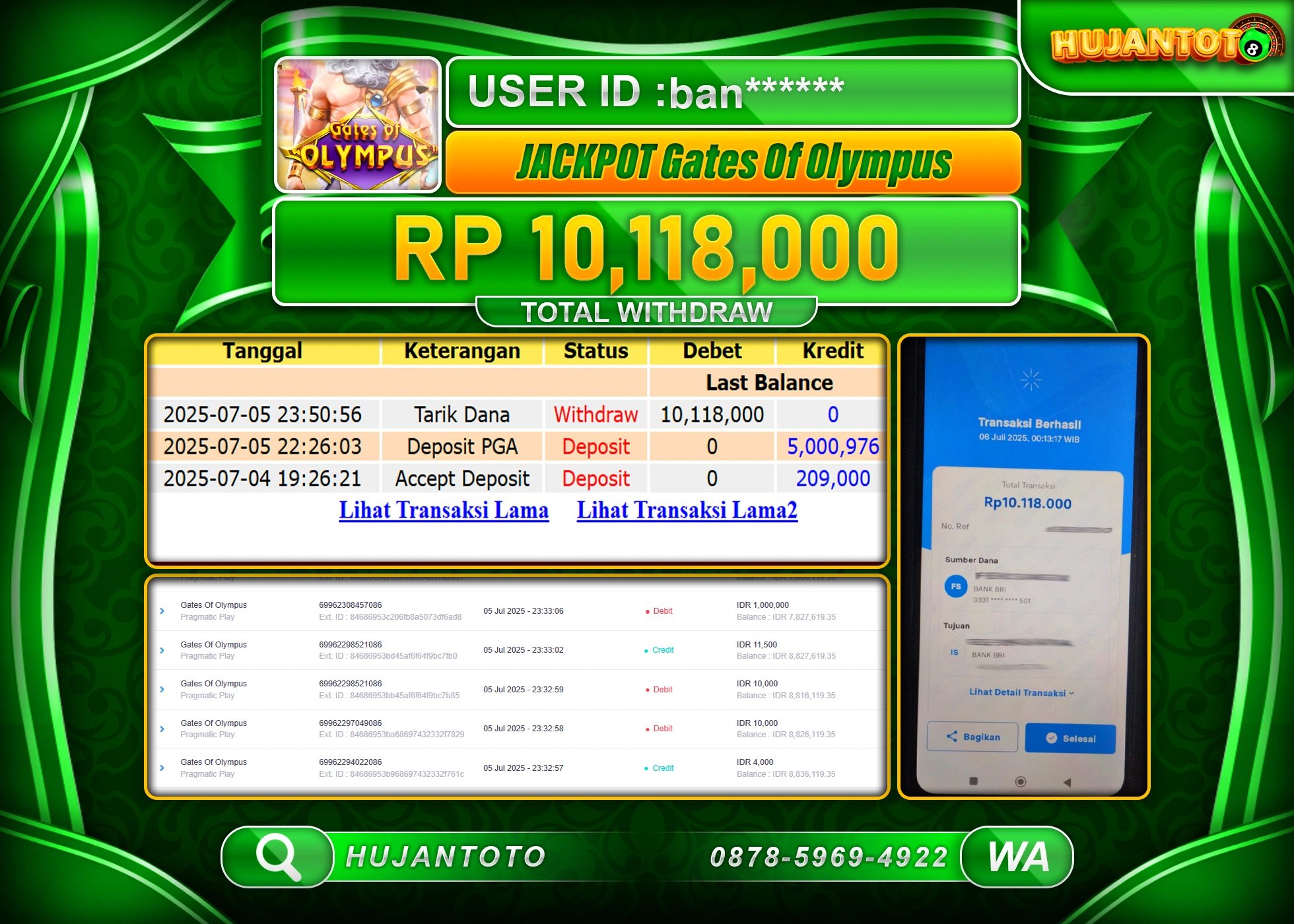 HUJANTOTO - BUKTI JACKPOT MENANG SLOT GATES OF OLYMPUS Rp.10,118,000 - TERBAYAR LUNAS
