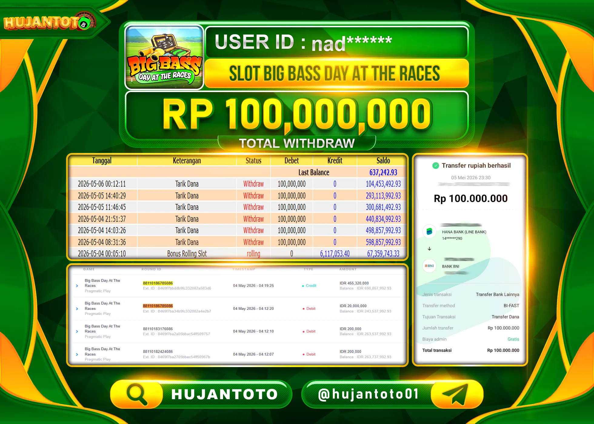 HUJANTOTO - BUKTI JACKPOT MENANG SLOT BIG BASS DAY AT THE RACES Rp.100,000,000 - TERBAYAR LUNAS