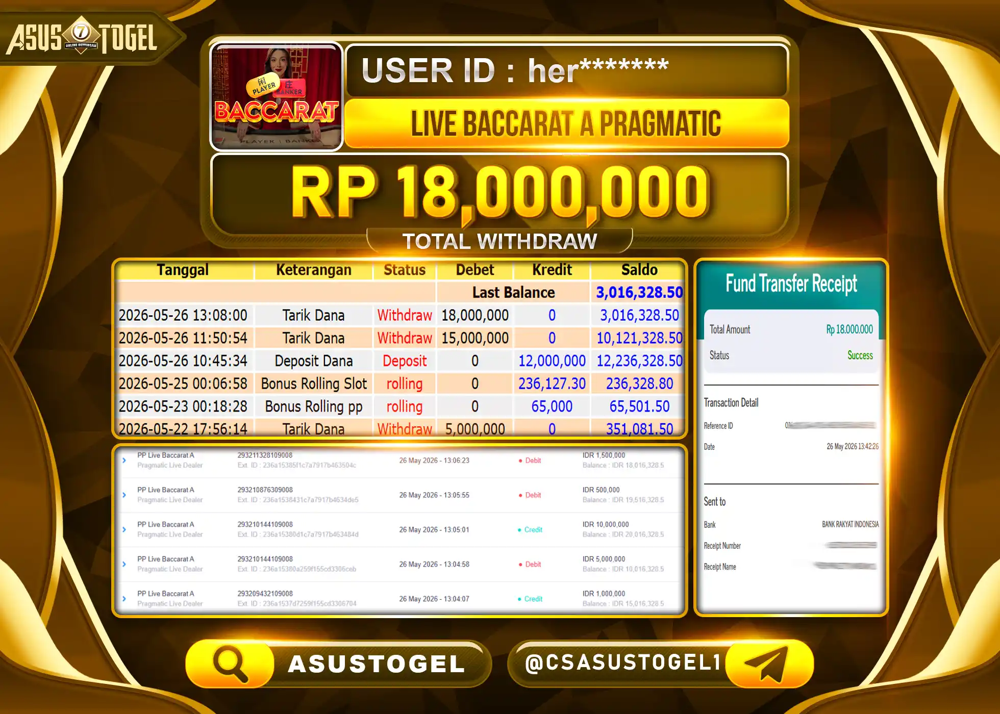 ASUSTOGEL KEMENANGAN JACKPOT LIVEGAMES LIVE BACCARAT A PRAMATIC Rp.18,000,000 - RUPIAH LUNAS
