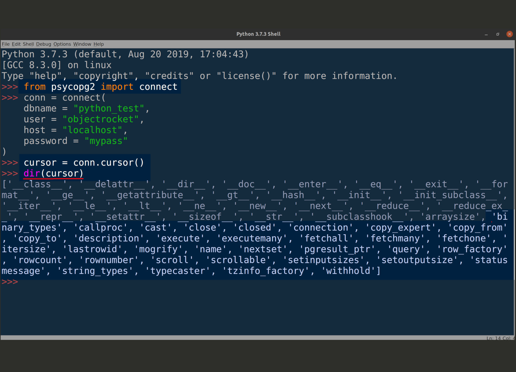 Screenshot of Python's IDLE import psycopg2 and creating a cursor instance from a PostgreSQL connection