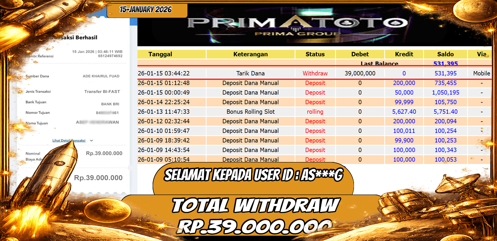 PRIMATOTO-JACKPOT SLOT GAME MAHJONG WAYS 3 WIN HINGGA 39 JUTA, 15 JANUARI 2026