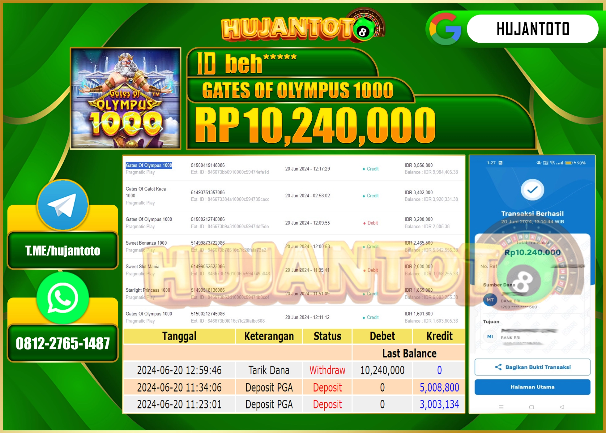 HUJANTOTO MENANG SLOT GATES OF OLYMPUS 1000 GAMES 10,240,000 - LUNAS 
