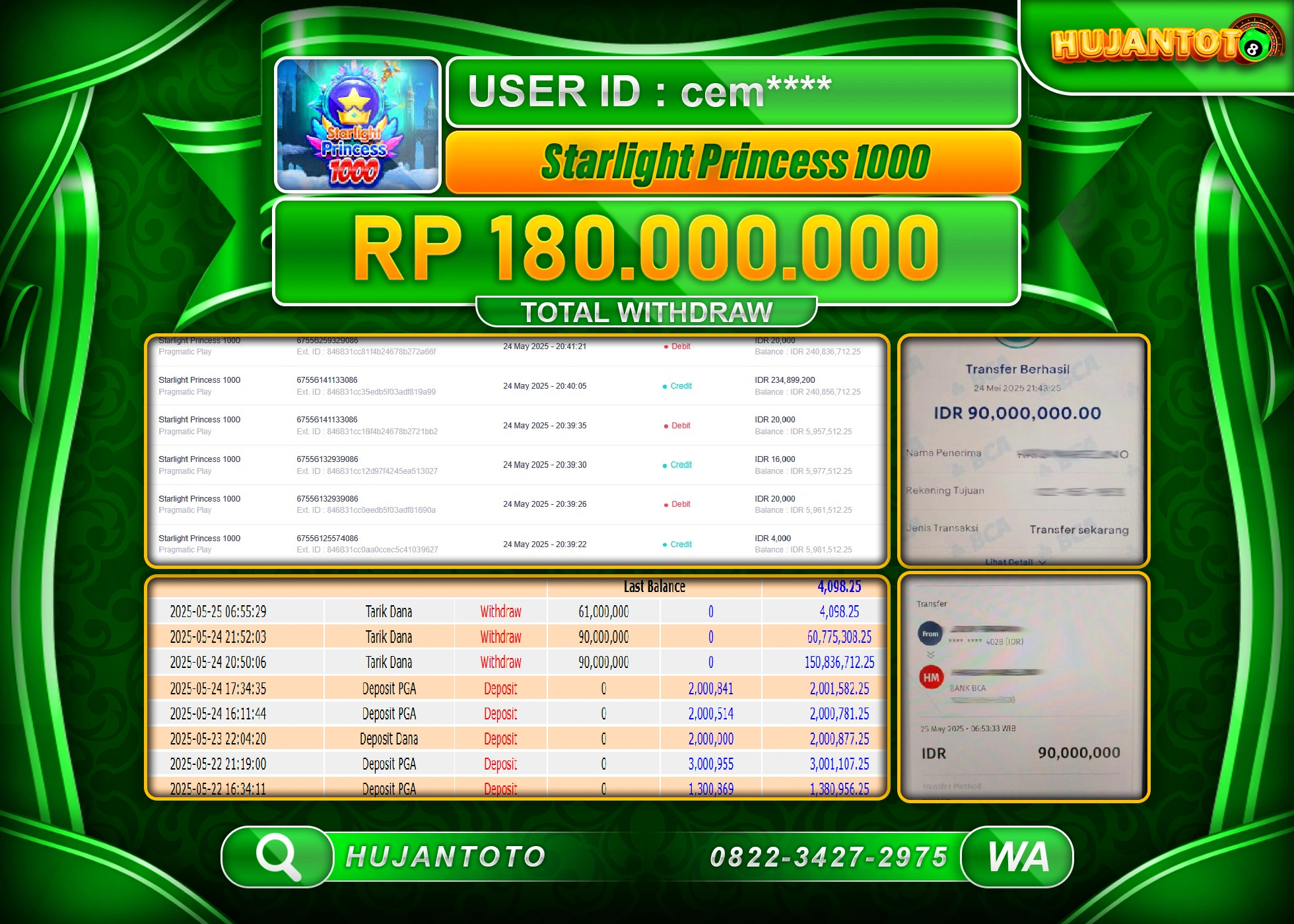 HUJANTOTO - BUKTI JACKPOT MENANG SLOT STARLIGHT PRINCESS 1000- Rp,180,000,000 - TERBAYAR LUNAS