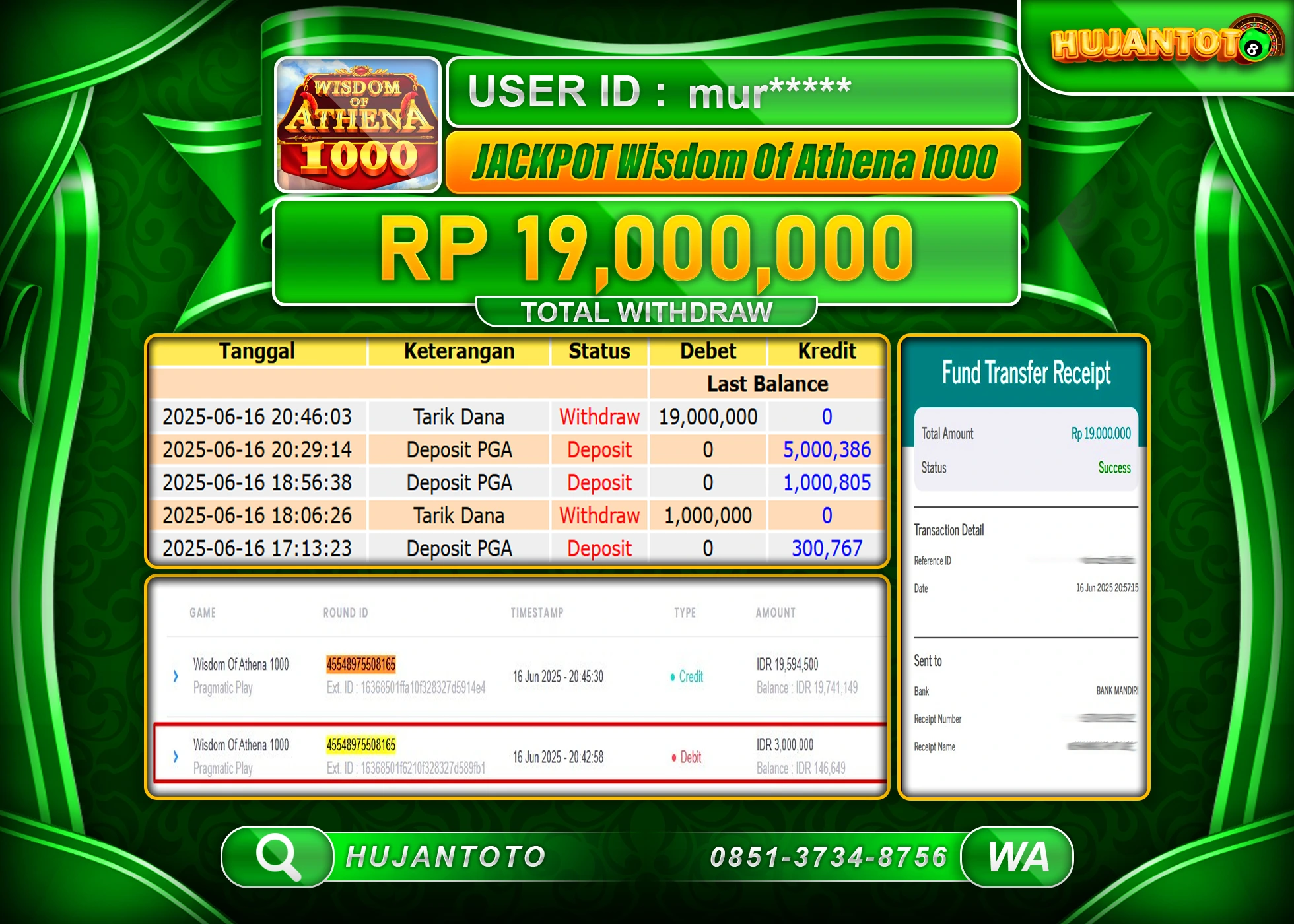HUJANTOTO - BUKTI JACKPOT MENANG SLOT WISDOM OF ATHENA 1000 Rp.19,000,000 - TERBAYAR LUNAS