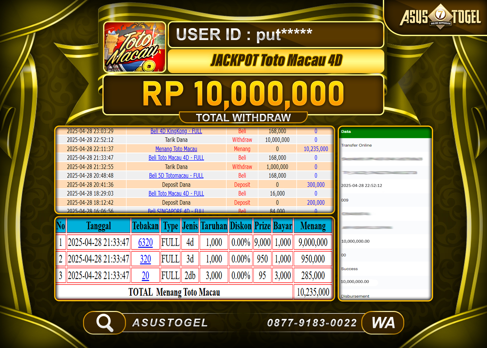 ASUSTOGEL KEMENANGAN DI TOGEL TOTO MACAU 4D SEBESAR 10,000,000- RUPIAH LUNAS