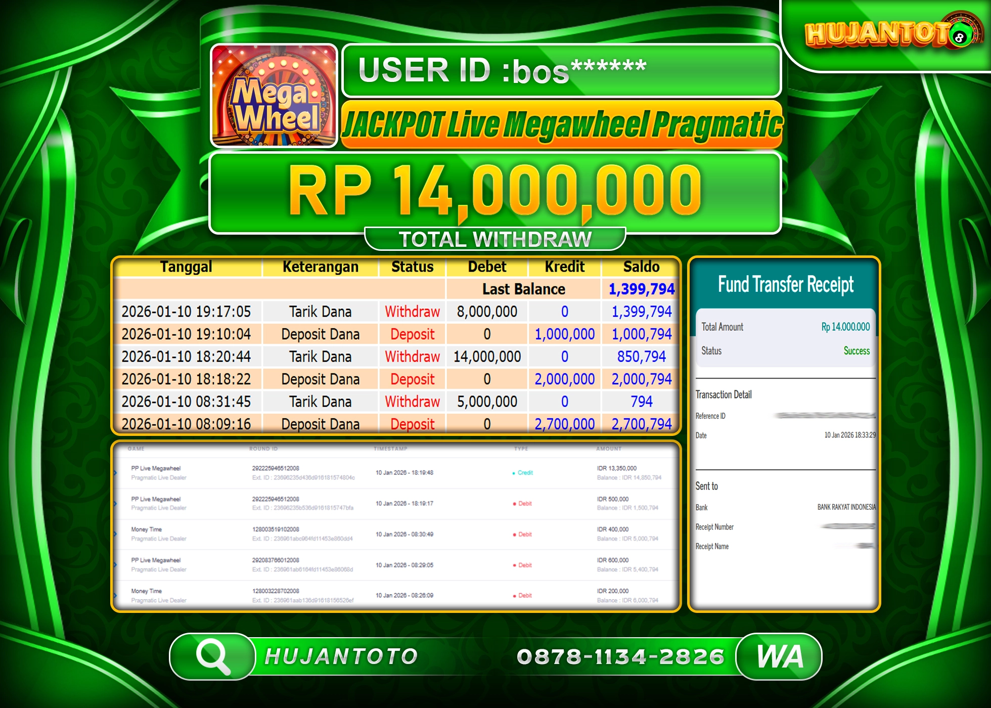 HUJANTOTO - BUKTI JACKPOT MENANG LIVEGAME MEGAWHEEL PRAGMATIC Rp.14,000,000 - TERBAYAR LUNAS
