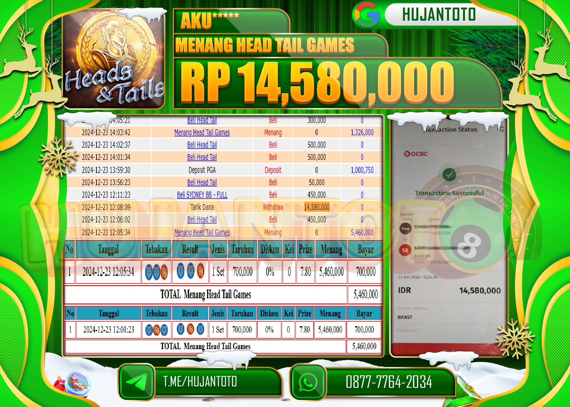 HUJANTOTO SELAMAT ATAS KEMENANGAN YANG DI RAIH DI PERMAINAN HEAD TAIL GAMES SEBESAR - 14,580,000 - TERBAYAR LUNAS