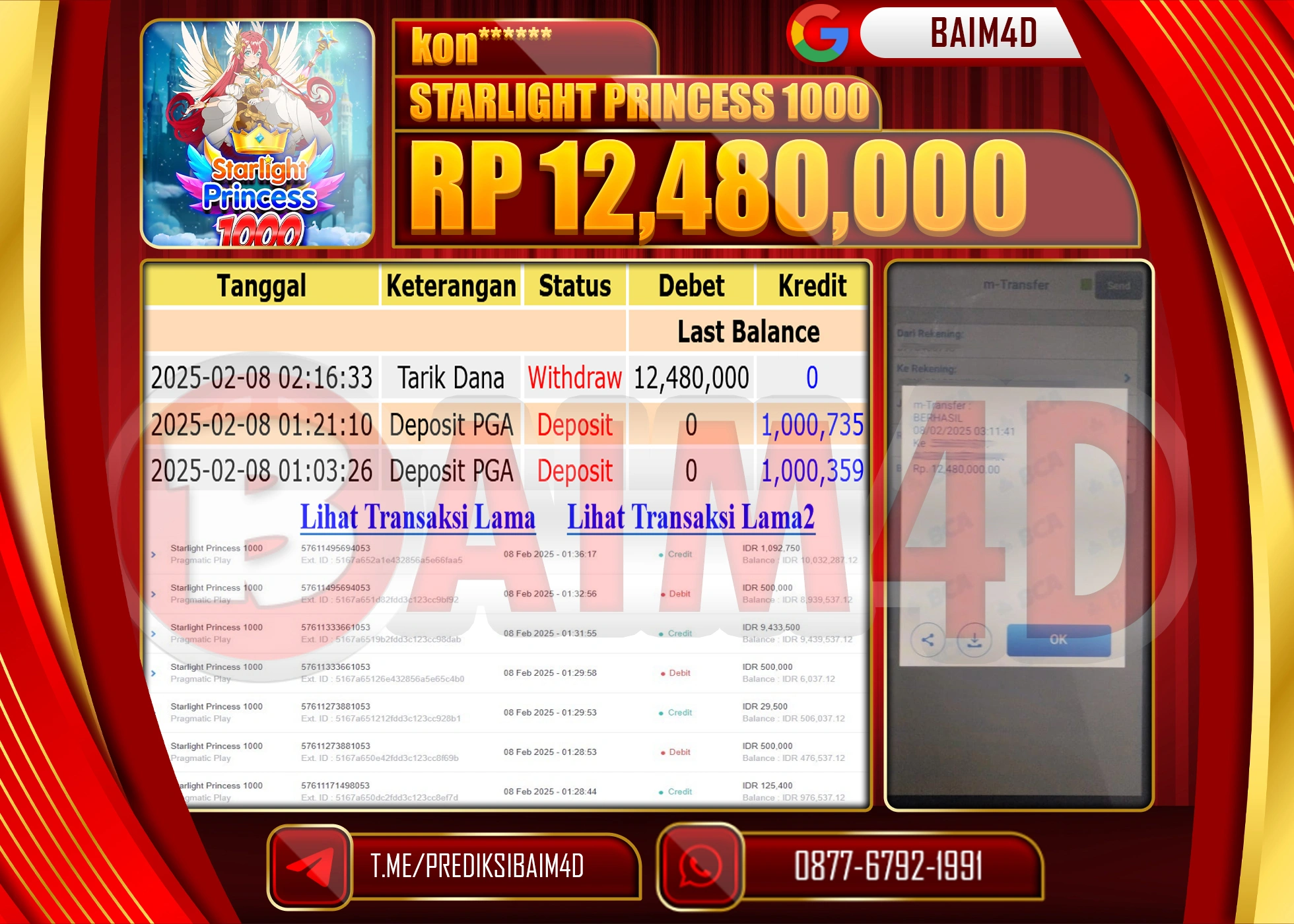 BAIM4D JACKPOT STARLIGHT PRINCESS 1000 Rp.12.480,000.- LUNAS