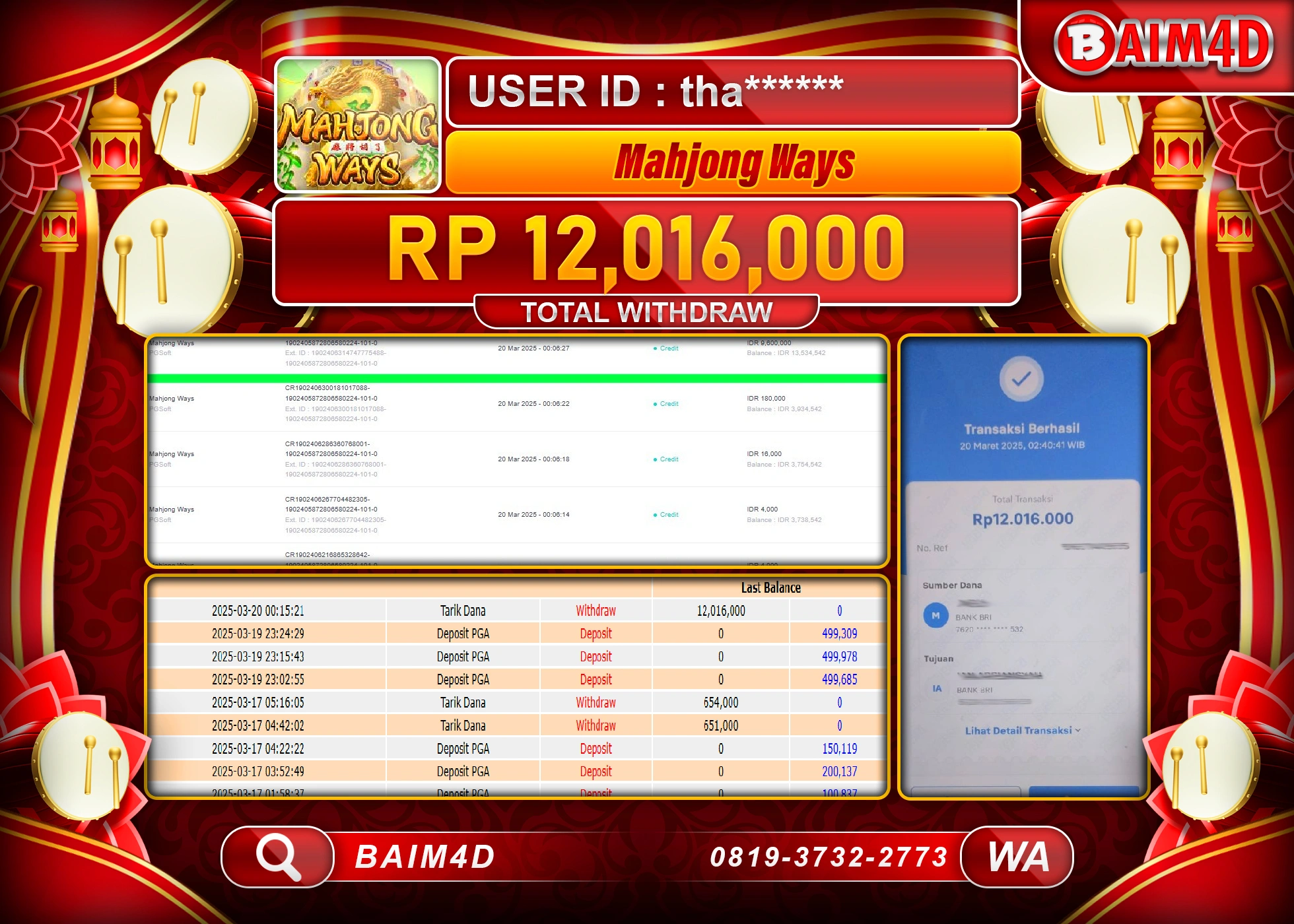 BAIM4D JACKPOT  MENANG  MAHJONG WAYS  Rp.12.016,000.- LUNAS