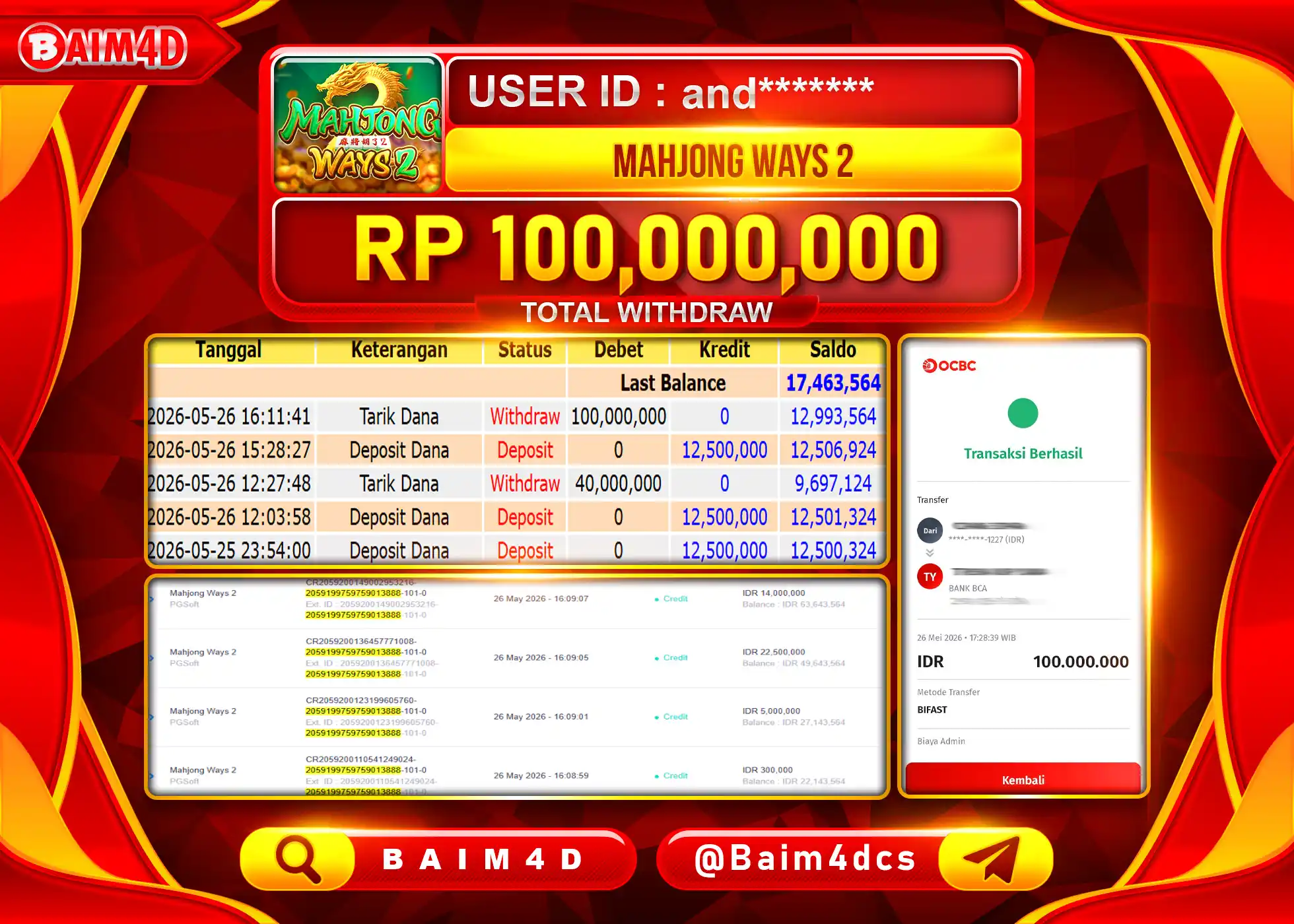 BAIM4D JACKPOT SLOT MAHJONG WAYS 2 Rp.100,000,000 - LUNAS