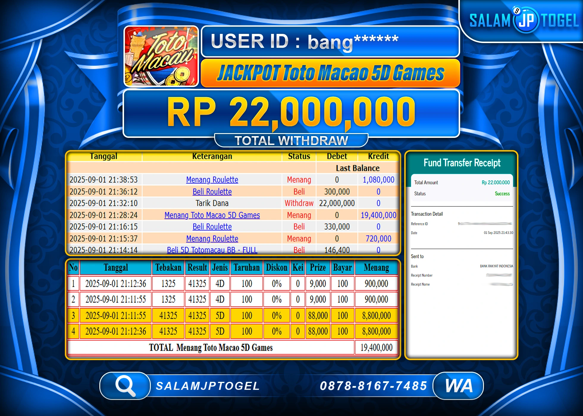 SALAMJPTOGEL MENANG JACKPOT TOTO MACAU 5D GAMES Rp.22,000,000