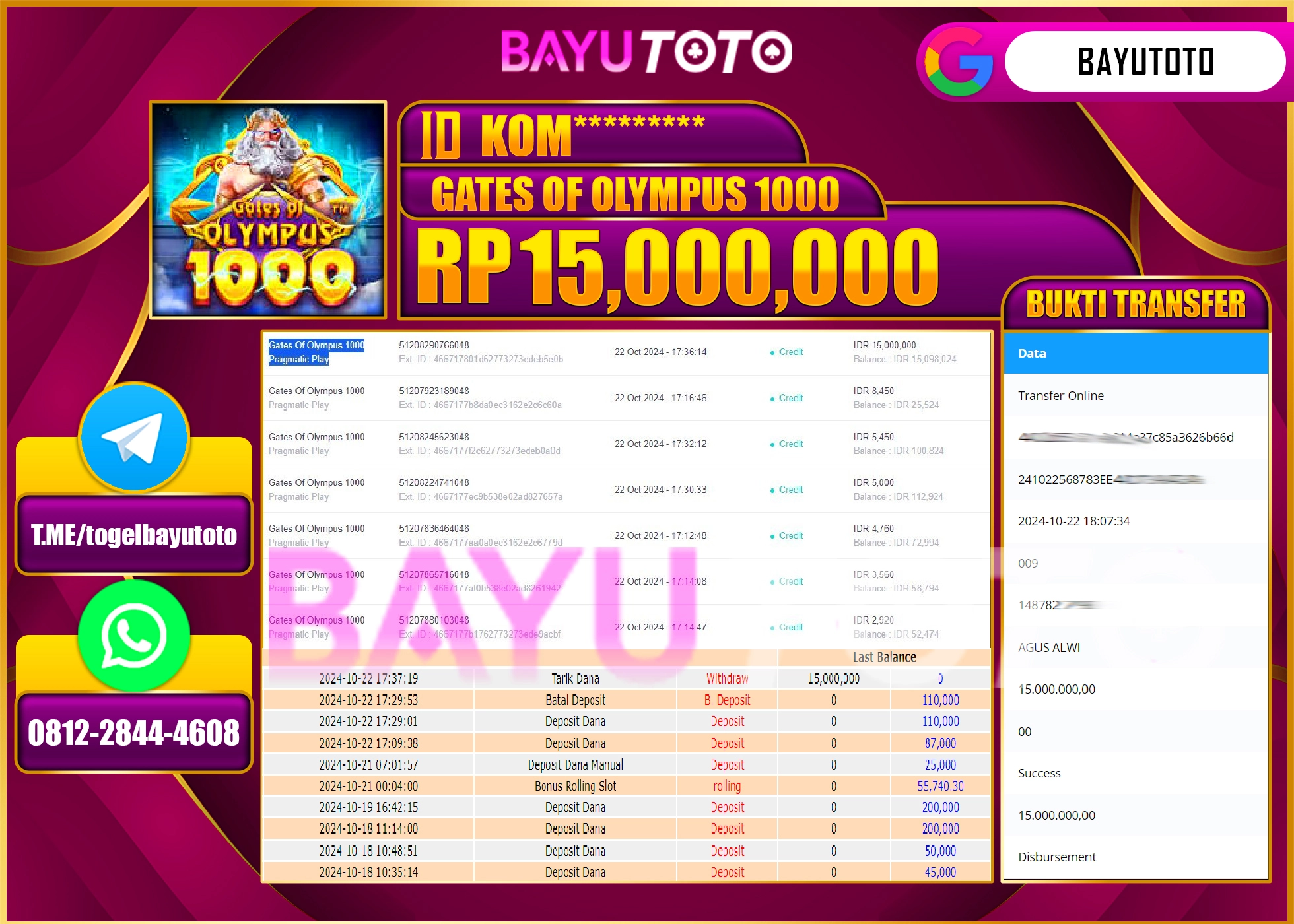 BAYUTOTO MENANG GATES OF OLYMPUS 1000 15.000.000 - LUNAS