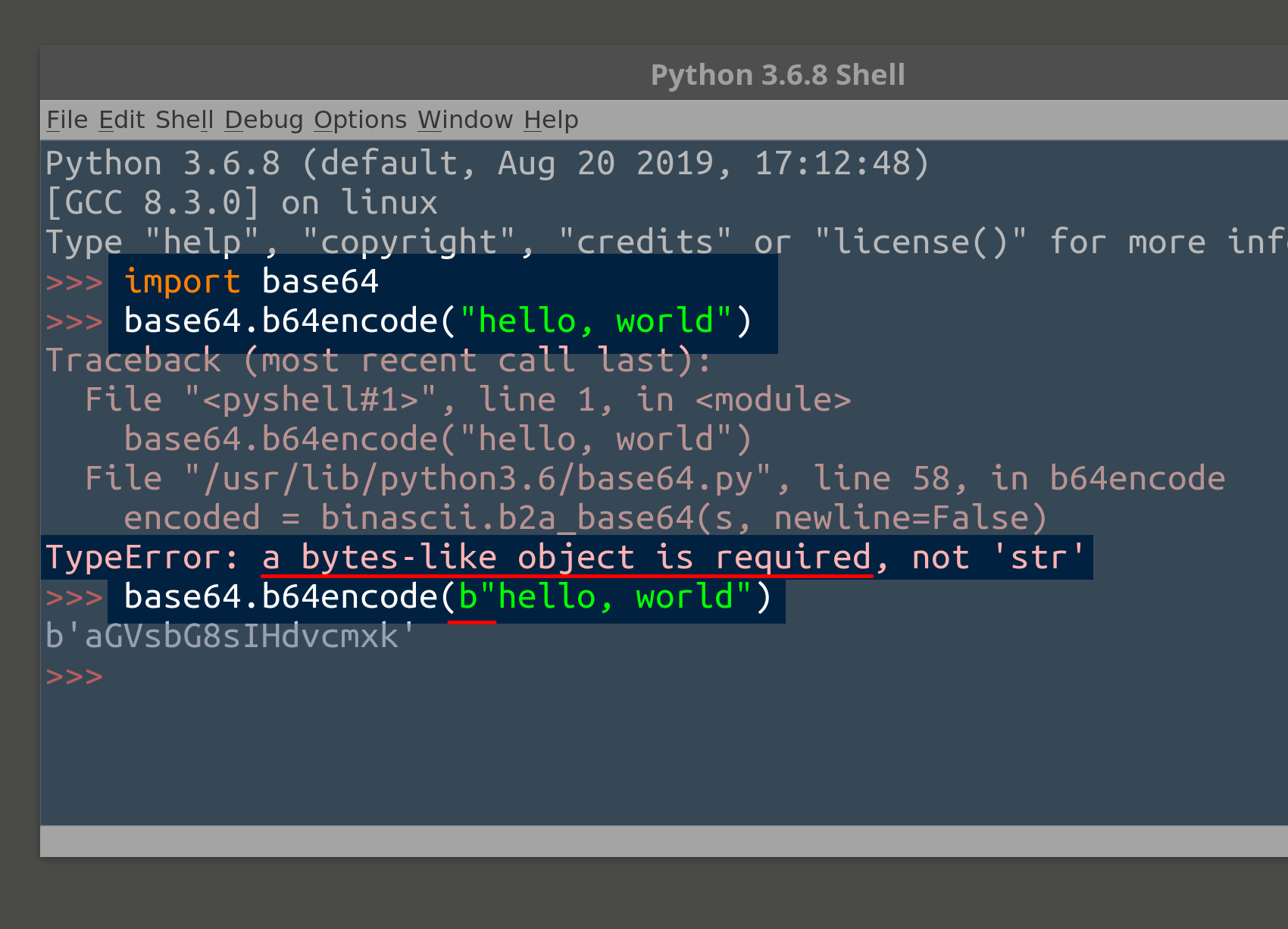 Screenshot of IDLE for Python 3 creating a Base 64 encoded bytes string
