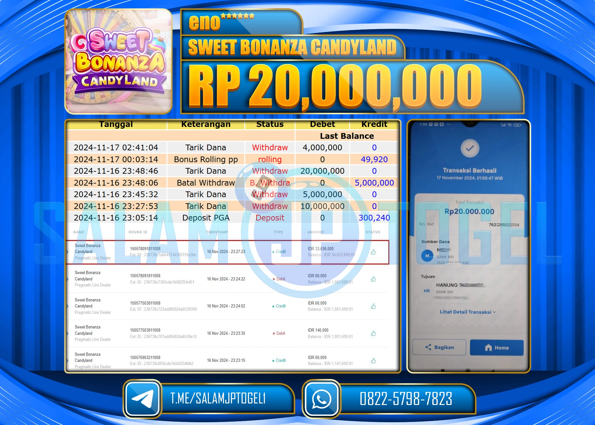 SALAMJPTOGEL MENANG SWEET BONANZA RP. 20,000,000 LUNAS