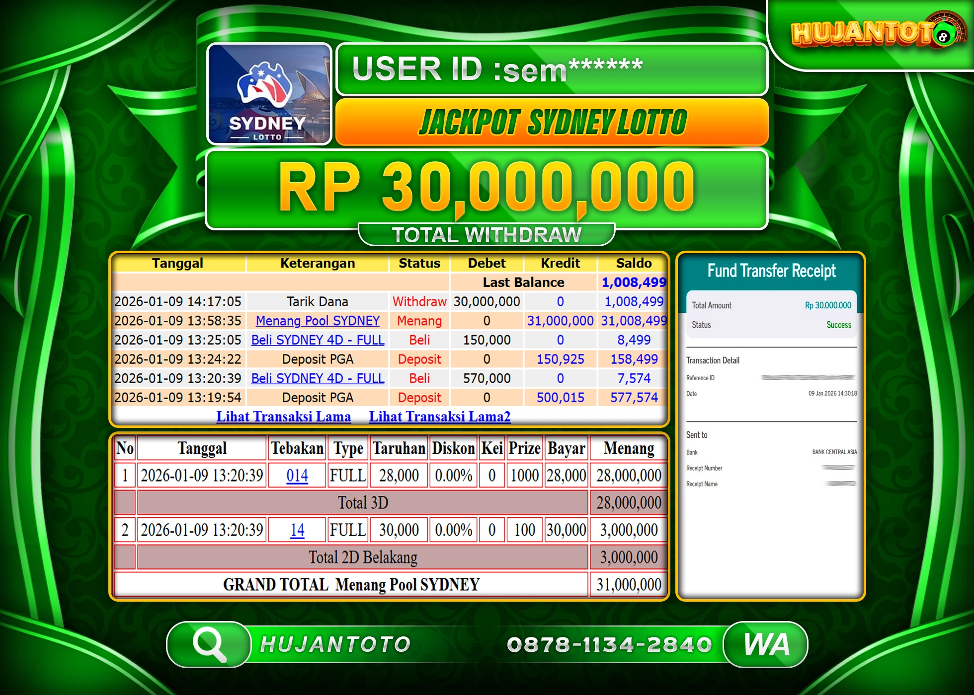 HUJANTOTO - BUKTI JACKPOT MENANG TOGEL SYDNEY LOTTO Rp.30,000,000 - TERBAYAR LUNAS