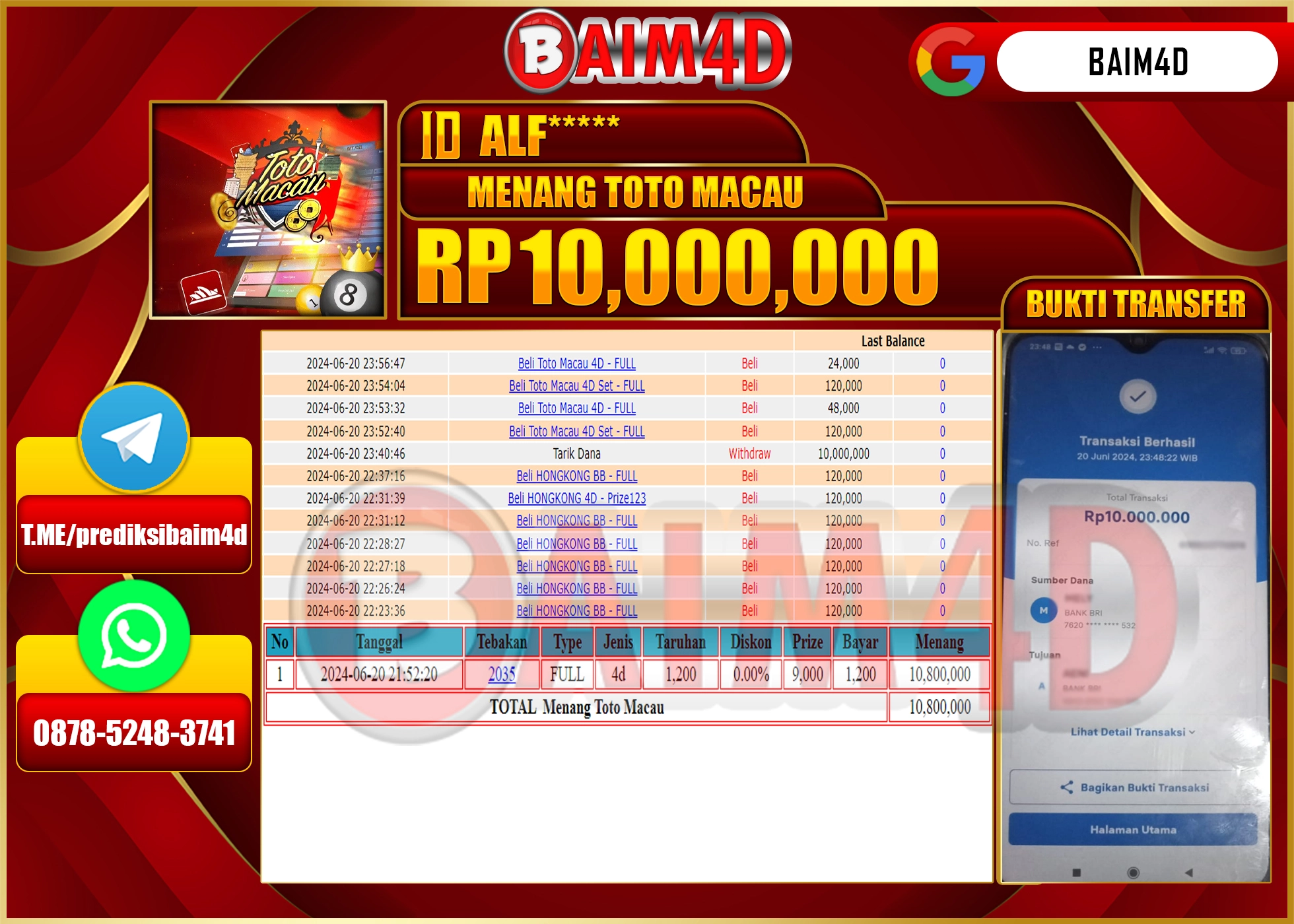 BAIM4D JACKPOT POOLS TOTO MACAU Rp.10,000,000.- LUNAS