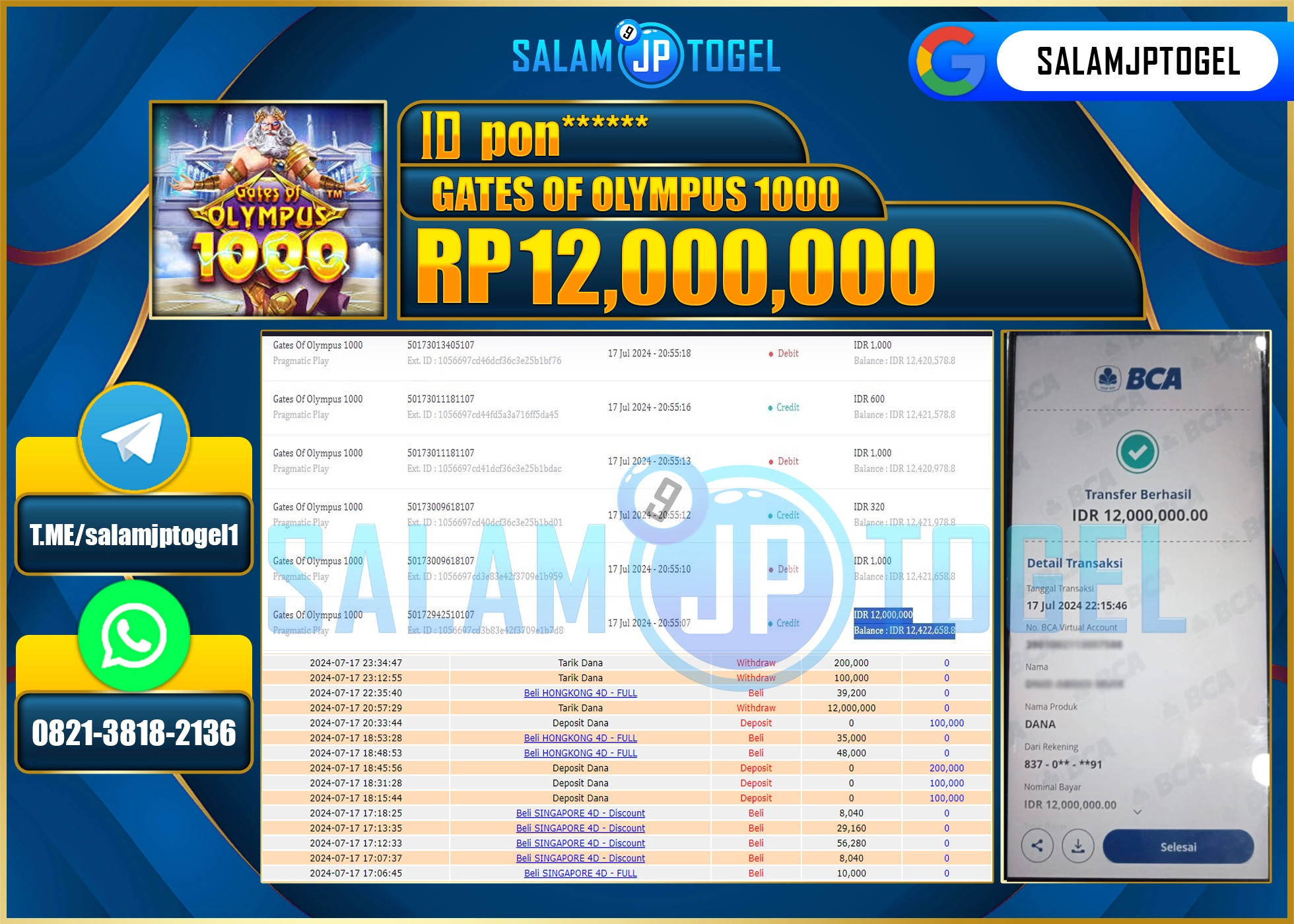 SALAMJPTOGEL MENANG Gates Of Olympus 1000 RP. 12,000,000.,LUNAS
