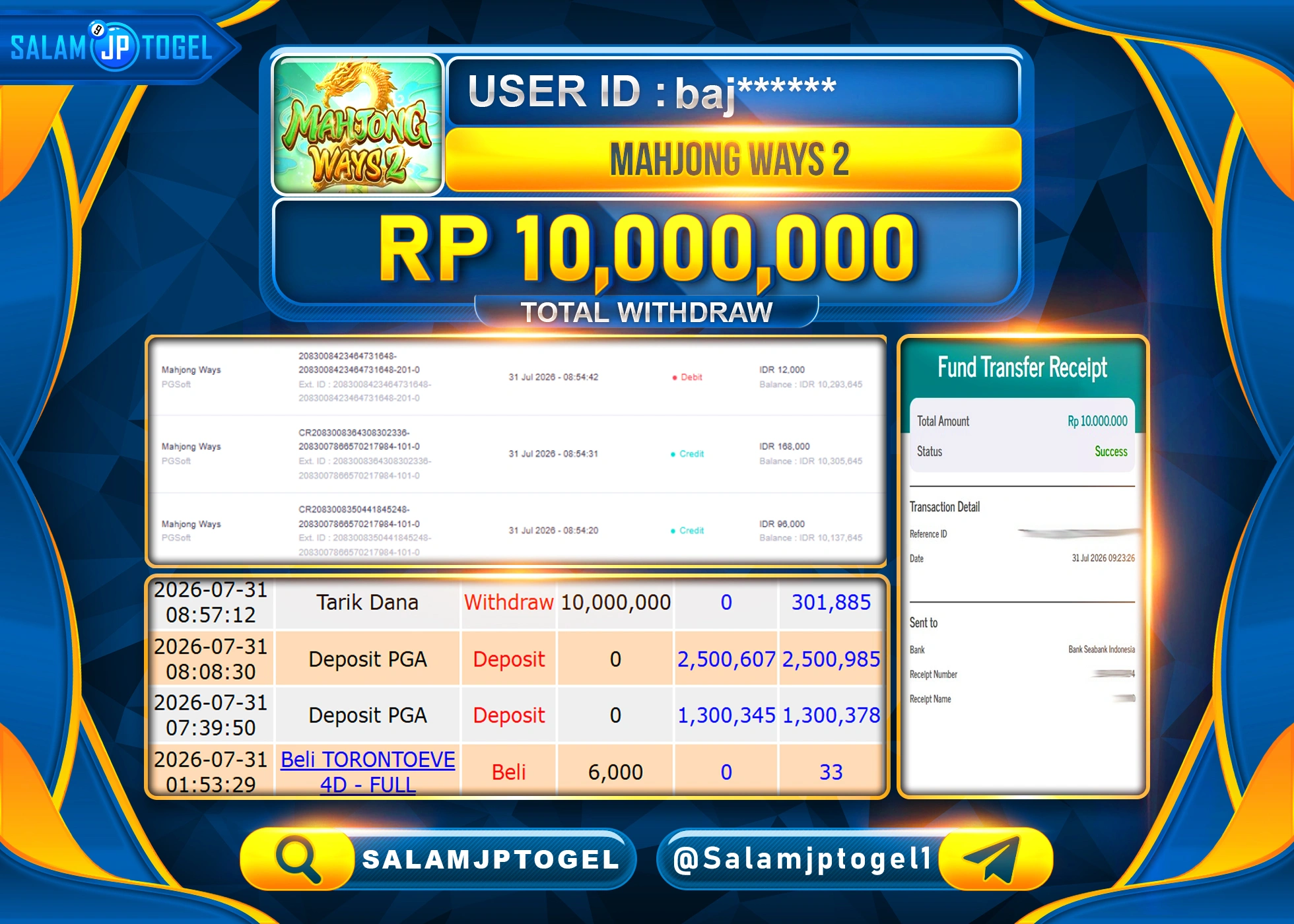 SALAMJPTOGEL JACKPOT MENANG SLOT MAHJONG WAYS 2 Rp.10,000,000 - LUNAS
