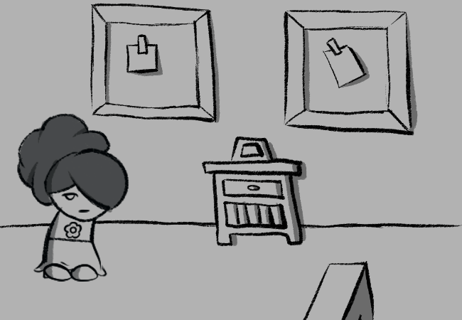 Angelica quickly walks over to the hallway table to look at the books.