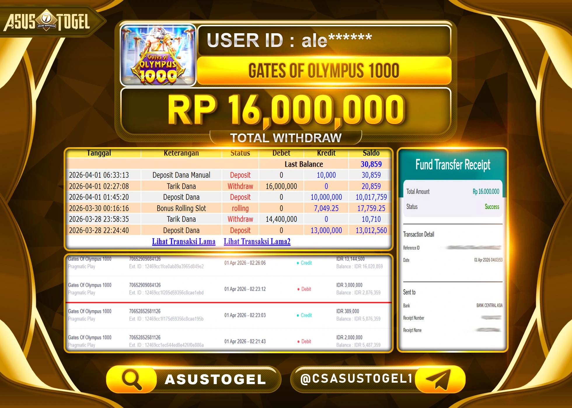 ASUSTOGEL KEMENANGAN JACKPOT DI PERMAINAN GATES OF OLYMPUS 1000 SEBESAR Rp.16,0000,000 - RUPIAH LUNAS