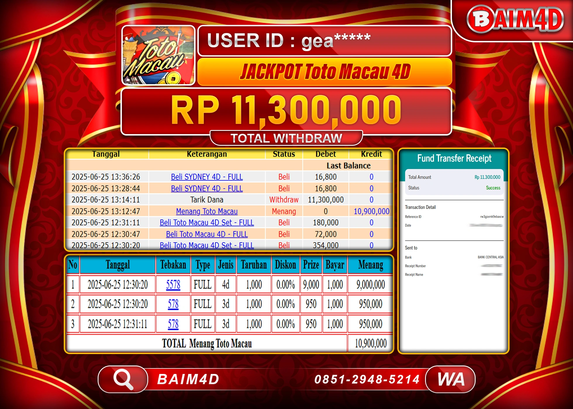 BAIM4D JACKPOT TOGEL TOTO MACAU 4D Rp.11,300,000.- LUNAS
