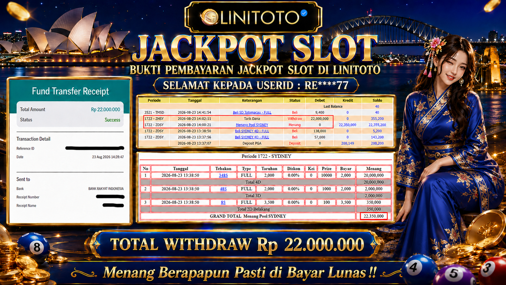 LINITOTO JACKPOT TOGEL Pool SYDNEY  Rp.22,000,000 - LUNAS