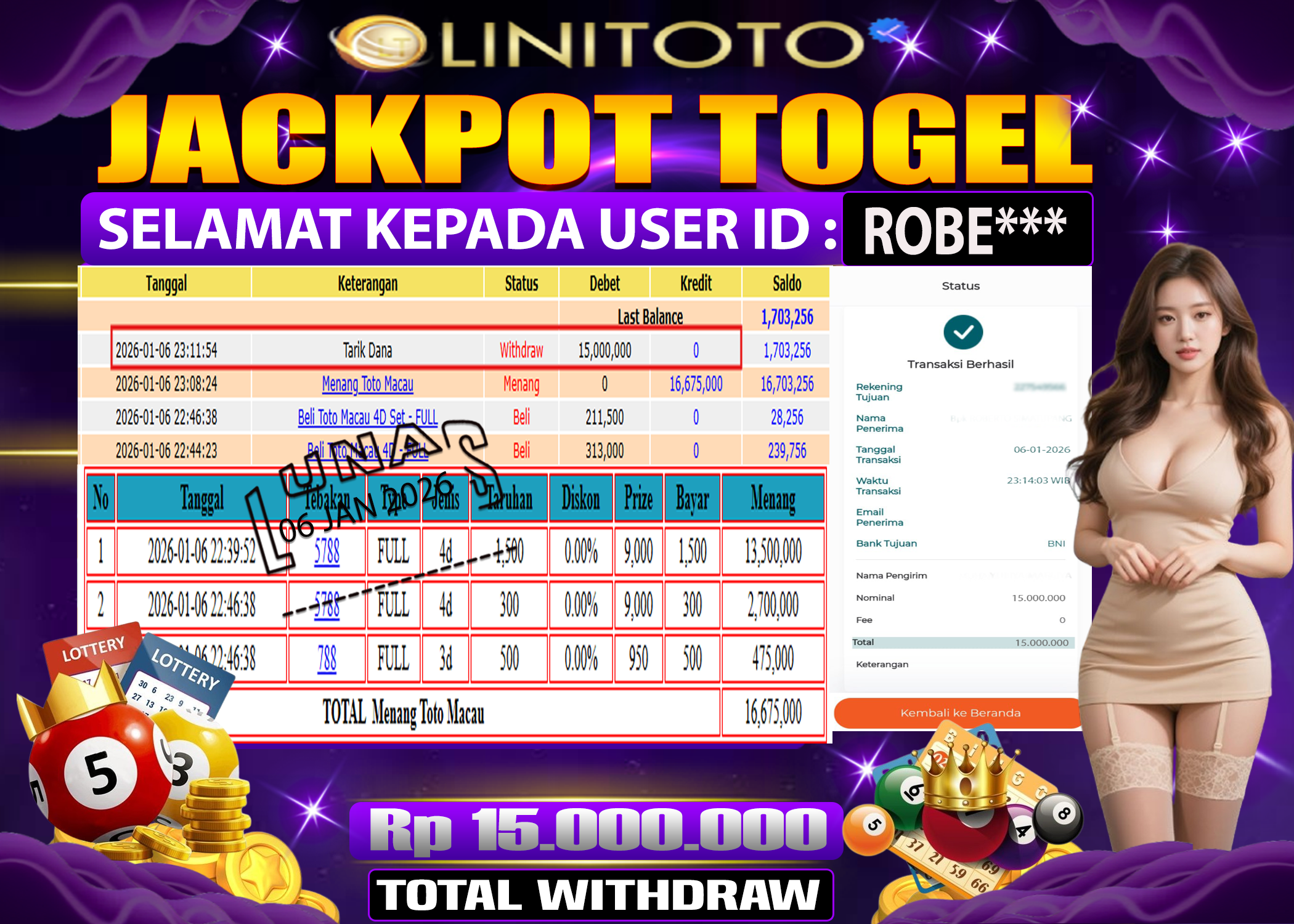 LINITOTO JACKPOT TOGEL TOTO MACAU Rp.15,000,000 - LUNAS