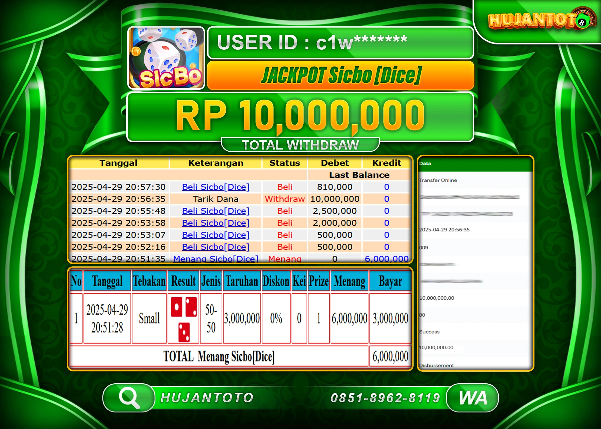 HUJANTOTO - BUKTI JACKPOT MENANG LIVEGAMES SICBO[DICE] Rp,10,000,000  - TERBAYAR LUNAS