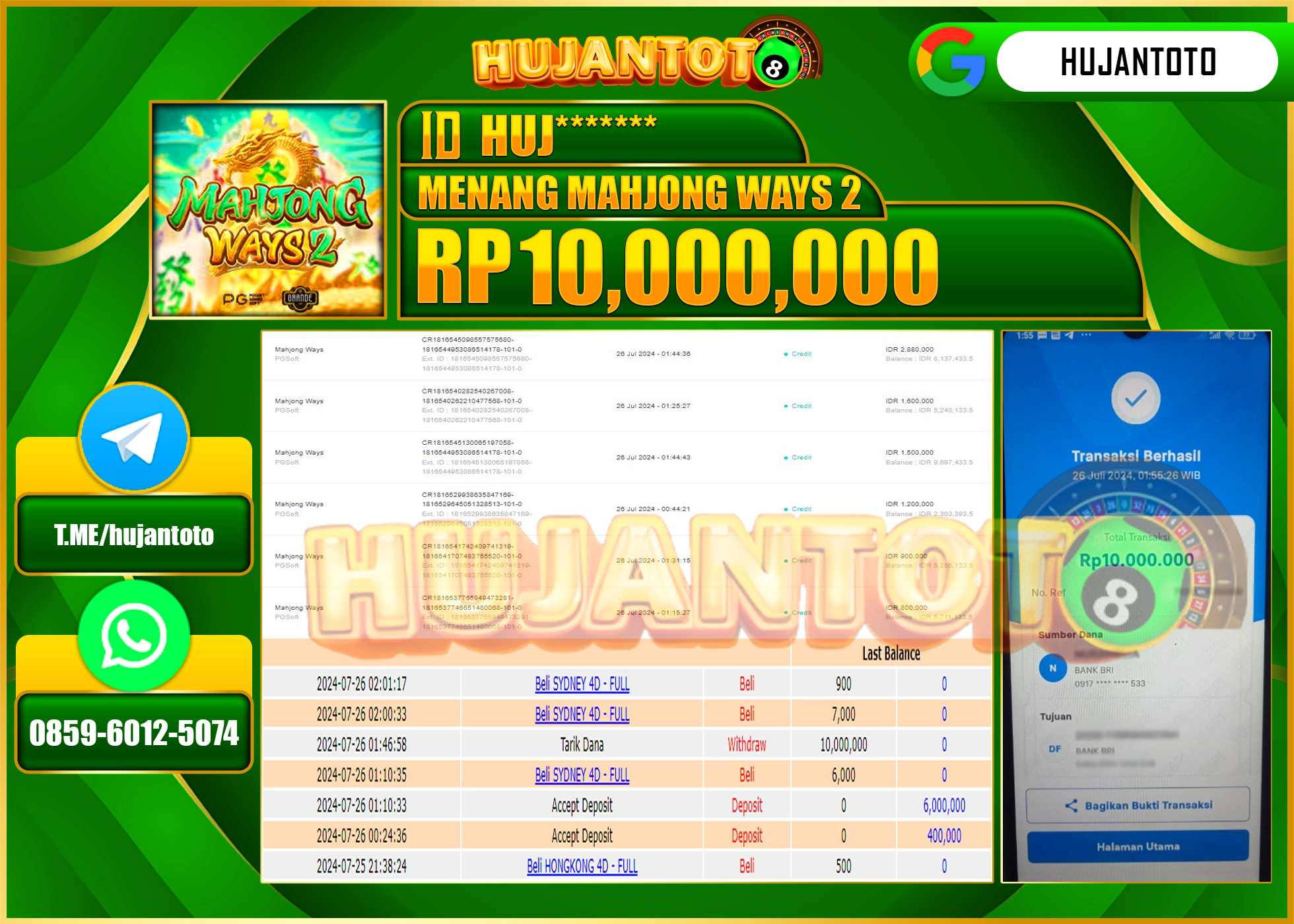 HUJANTOTO MENANG PERMAINAN MAHJONG WAYS 2 PG SOFT 10.000.000 - LUNAS 