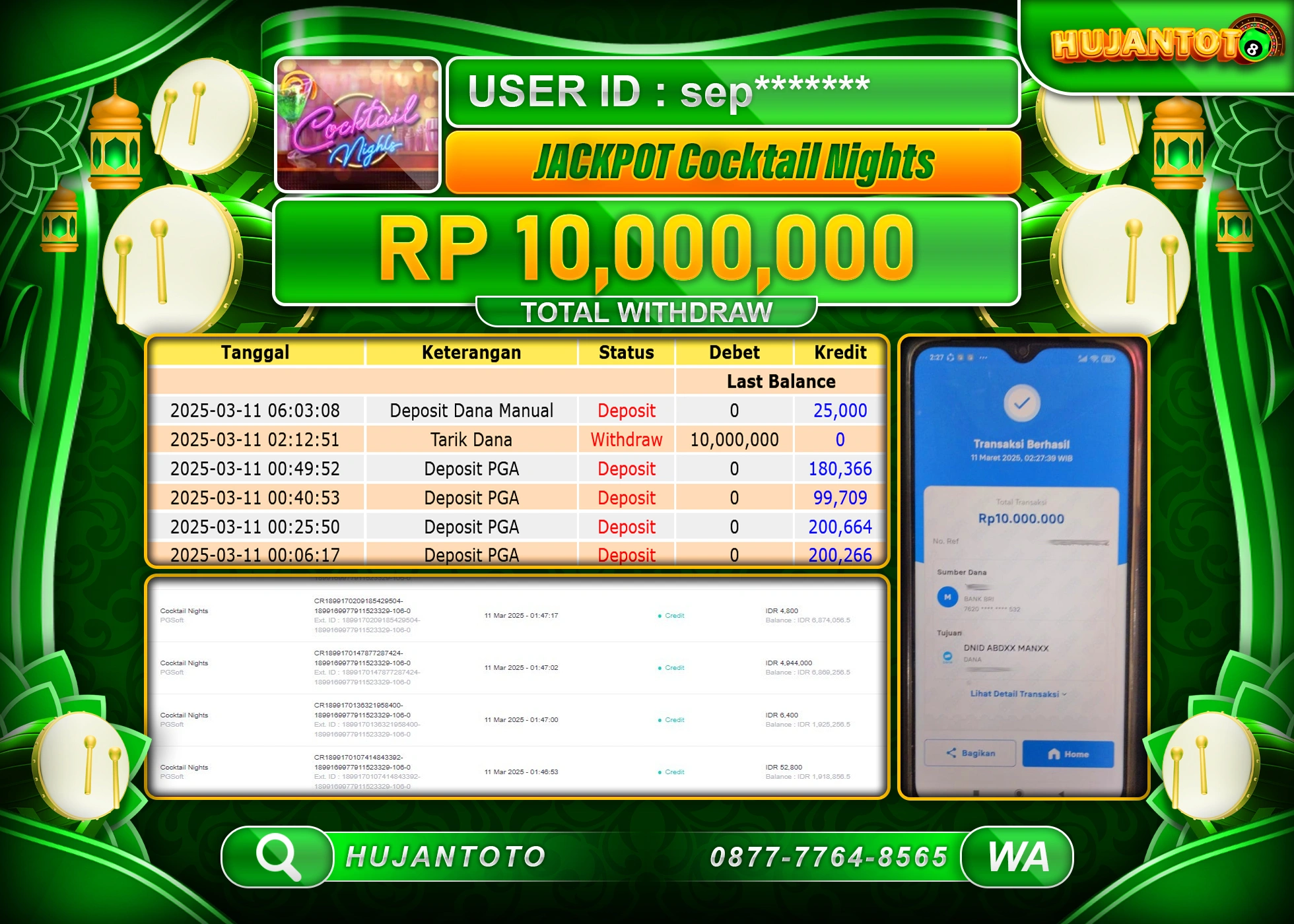 HUJANTOTO - BUKTI JACKPOT MENANG SLOT COCKTAIL NIGHTS Rp,10,000,000 - TERBAYAR LUNAS