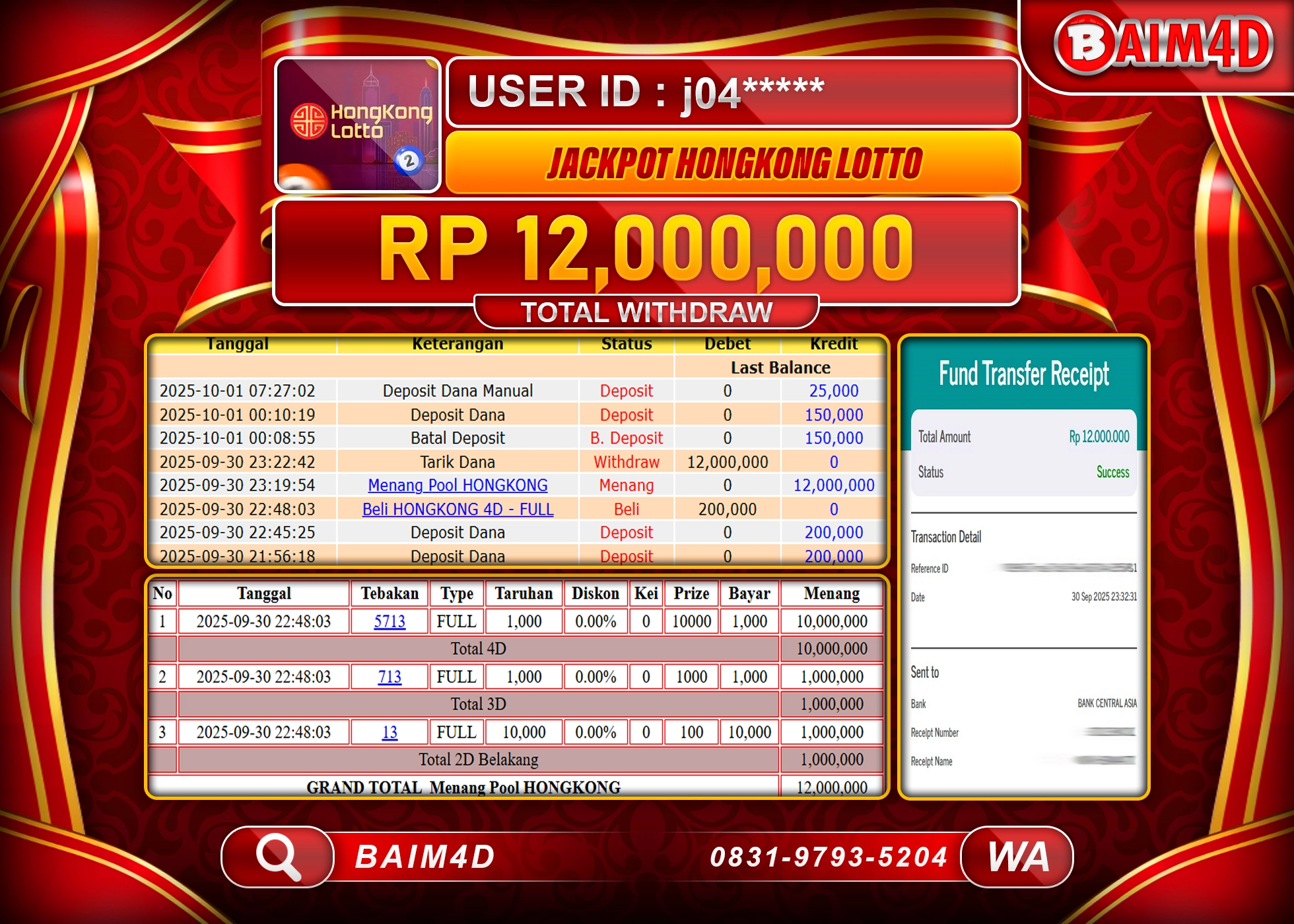 BAIM4D JACKPOT TOGEL HONGKONG LOTTO GAMES Rp.10,000,000.- LUNAS