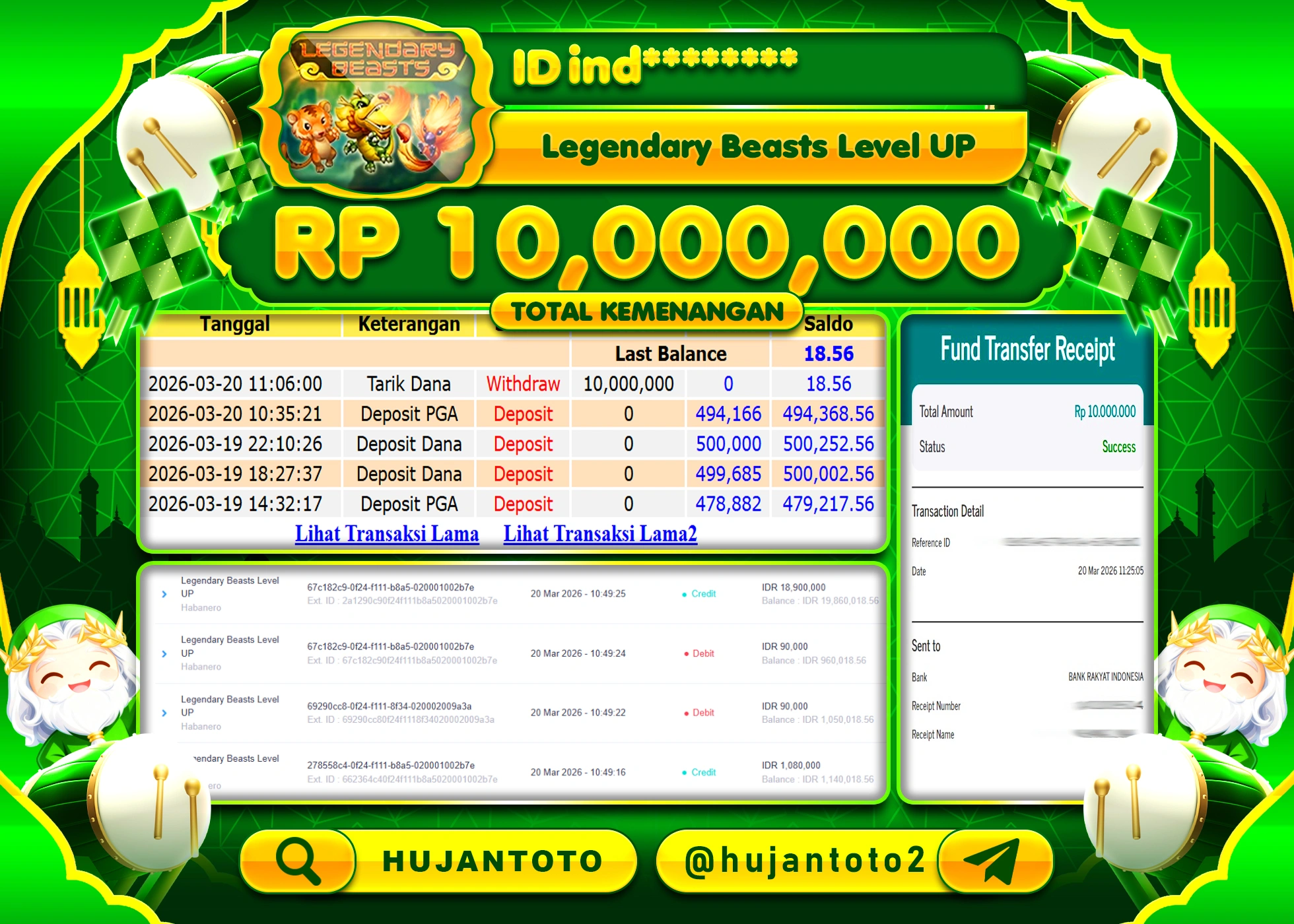 HUJANTOTO - BUKTI JACKPOT MENANG SLOT LEGENDARY BEASTS LEVEL UP Rp.10,000,000 - TERBAYAR LUNAS