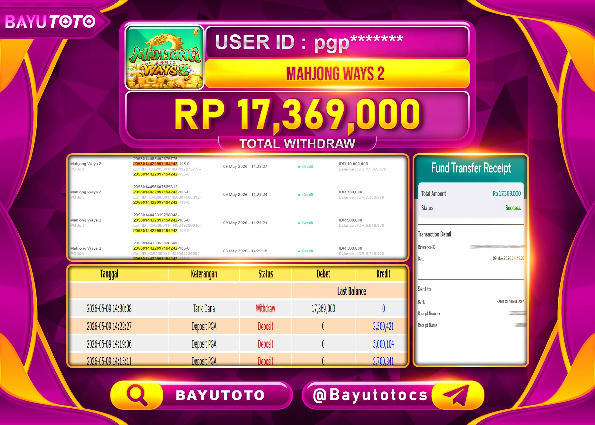 SELAMAT MEMBER SETIA BAYUTOTO JACKPOT DI SLOT MAHJONG WAYS 2 (PGSOFT) Rp. 17,369,000 LUNAS