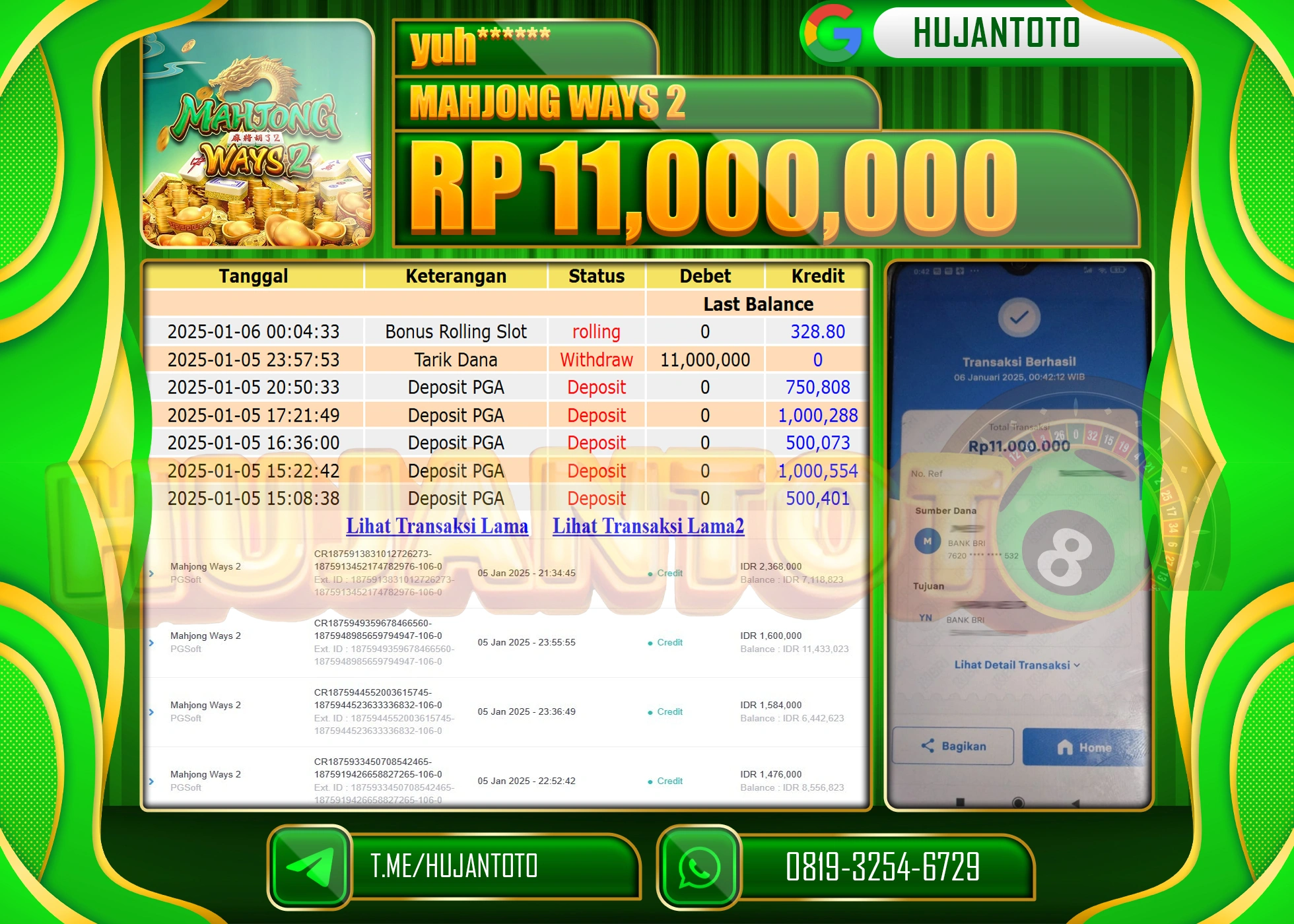 HUJANTOTO - BUKTI JACKPOT DI PERMAINAN SLOT MAHJONG WAYS 2 Rp.11,000,000,- TERBAYAR LUNAS