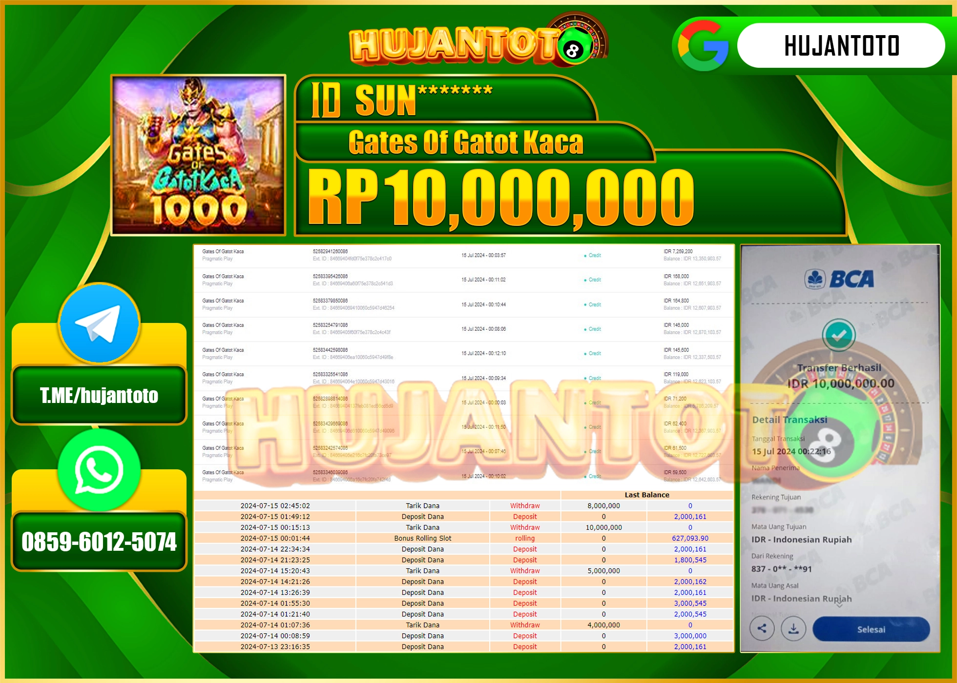 HUJANTOTO MENANG PERMAINAN SLOT GATES OF GATOT KACA 10.000.000 - LUNAS 
