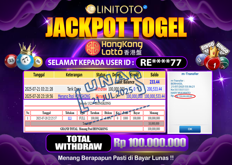 LINITOTO JACKPOT TOGEL HONGKONG LOTTO Rp.100.000.000,- LUNAS