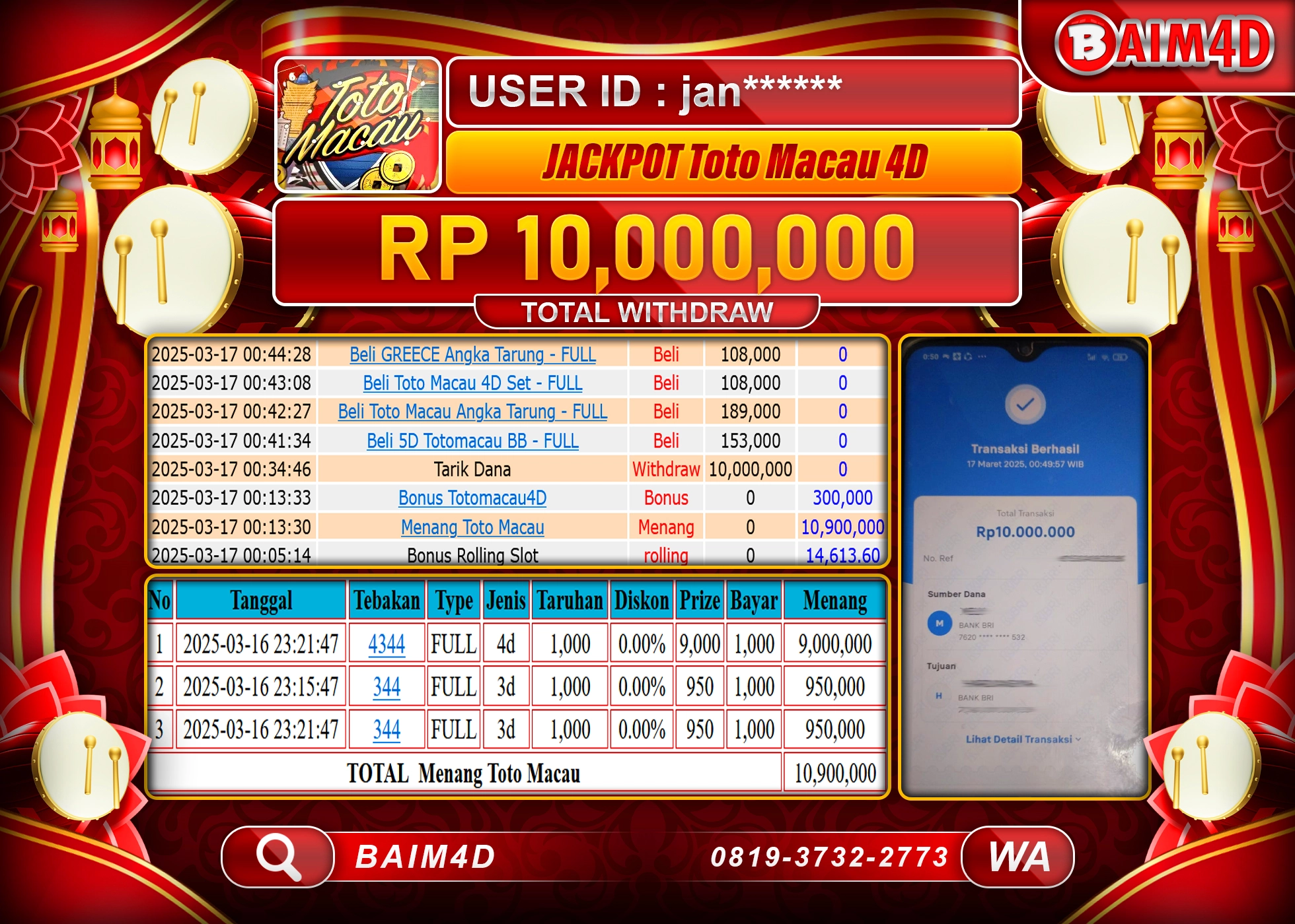 BAIM4D JACKPOT MENANG TOTO MACAU 4D POOLS Rp.10.000,000.- LUNAS