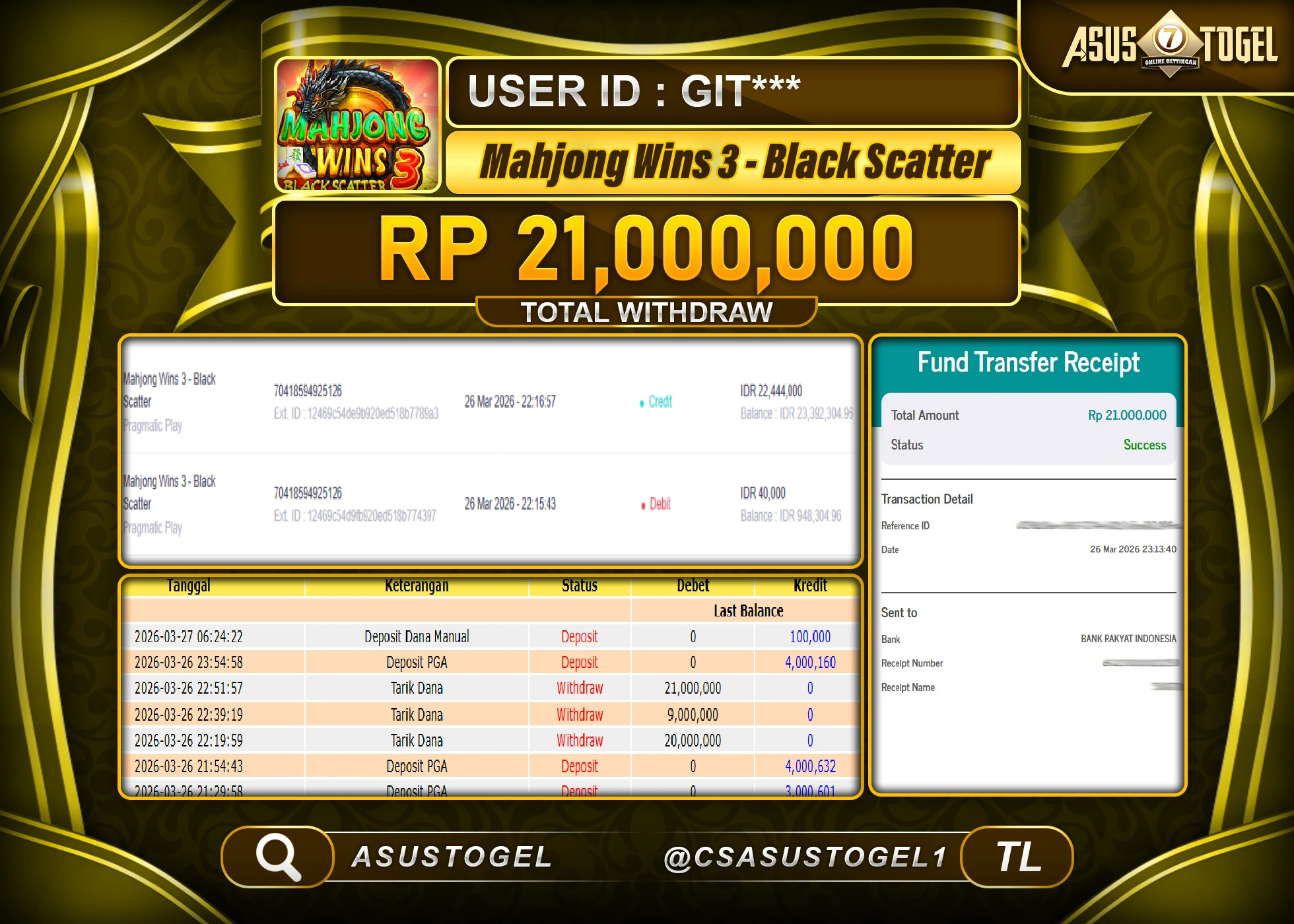 ASUSTOGEL KEMENANGAN JACKPOT DI MAHJONG WINS 3 BLACK SCATTER  Rp.21,000,000 - RUPIAH LUNAS