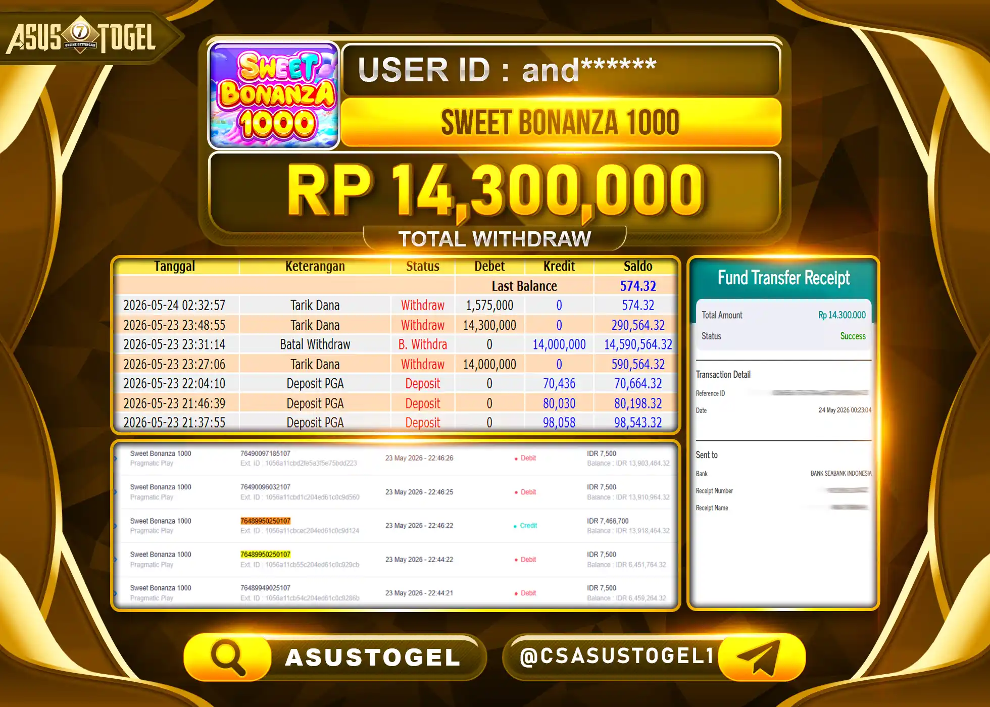 ASUSTOGEL- BUKTI JACKPOT MENANG SLOT SWEET BONANZA 1000 Rp.14,300,000 - TERBAYAR LUNAS