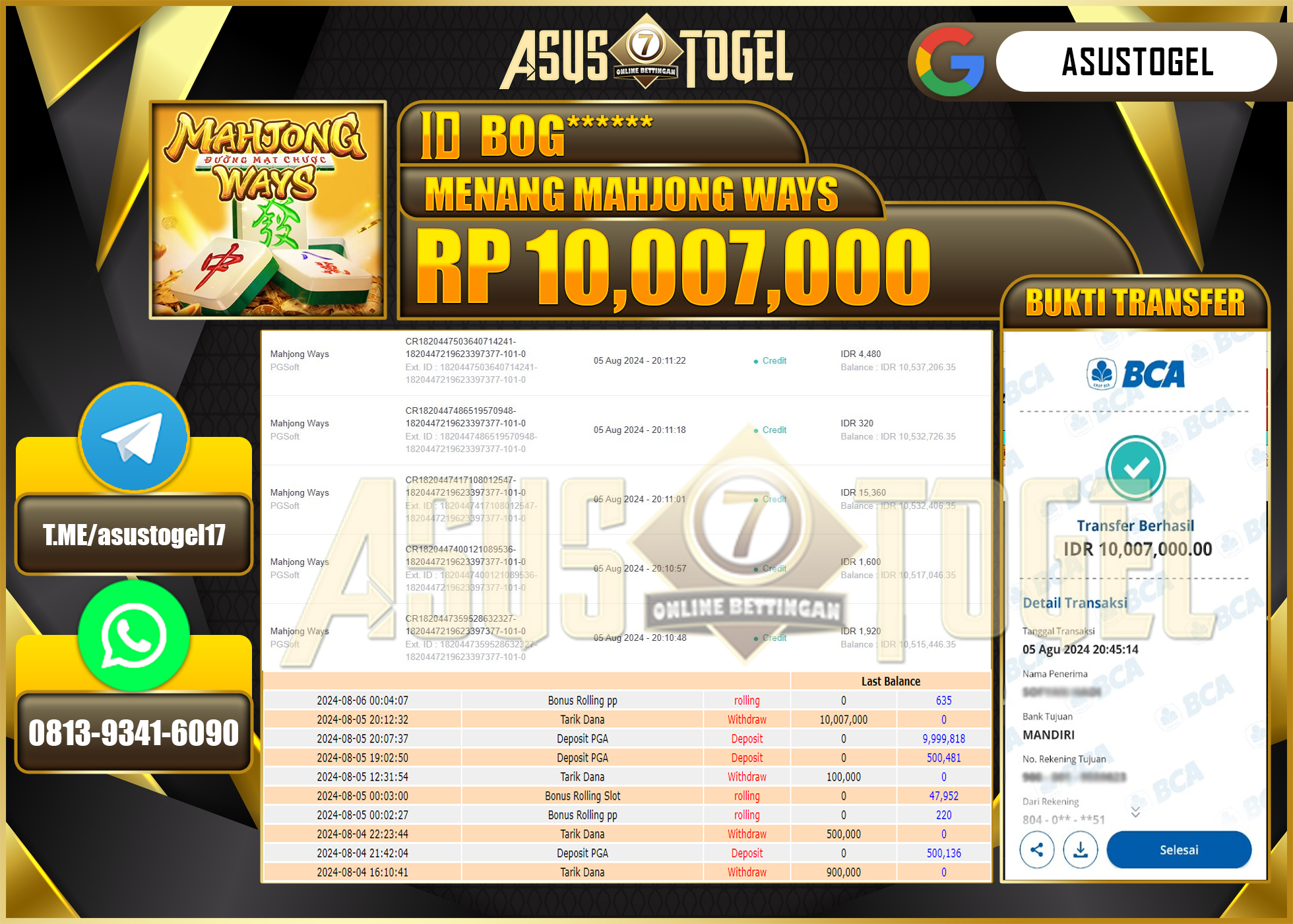 ASUSTOGEL KEMENANGAN DI PGSOFT MAHJONG WAYS     SEBESAR 10,007,000- RUPIAH LUNAS